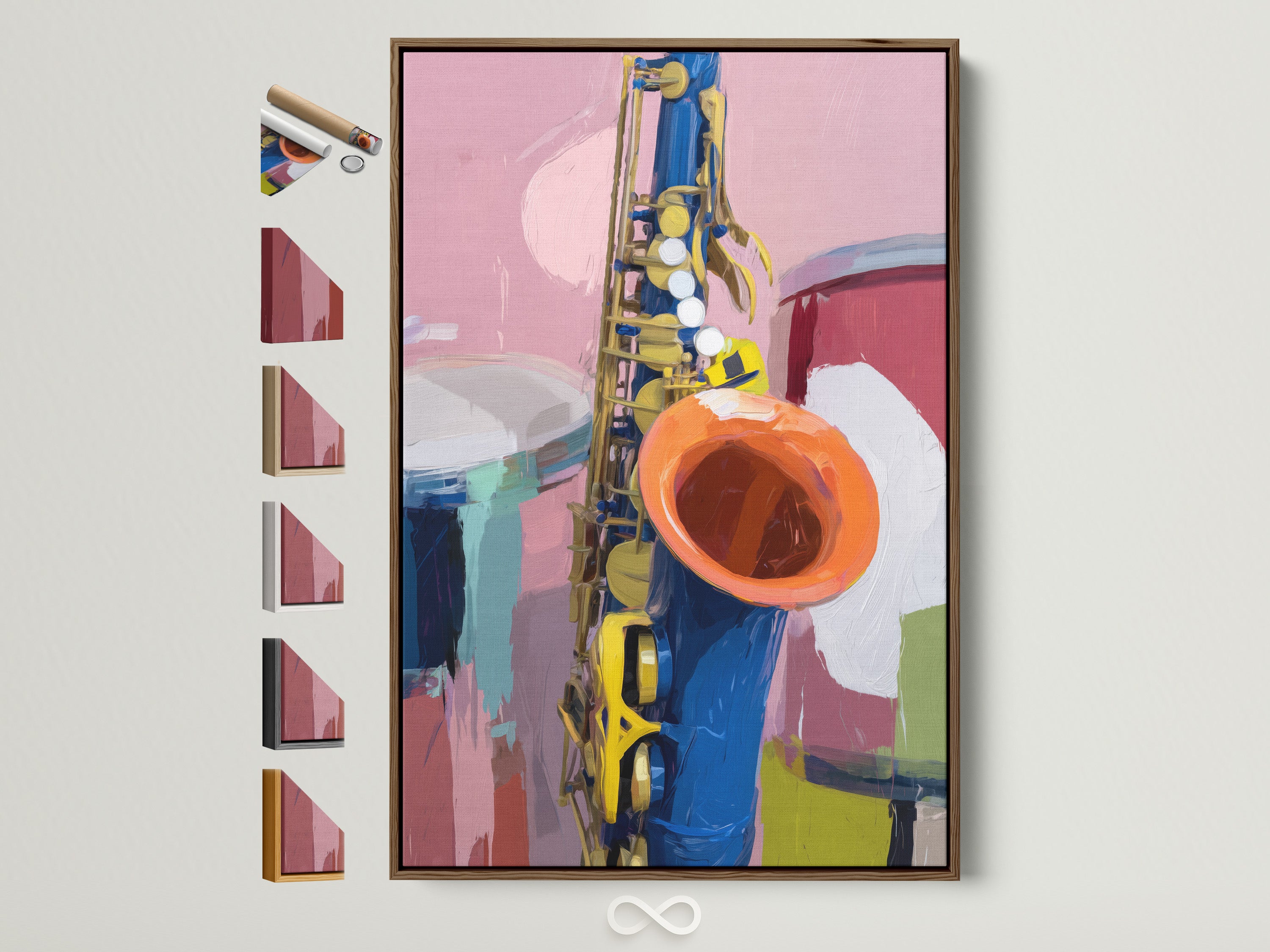 Modern jazz art features a saxophone in blue and yellow hues. The artwork is framed in a brown frame. It is a colorful music wall art for studio decor. Ideal for musicians and music teachers. This piece adds a vibrant artistic energy to any space. Consider it for music room wall art or office art.