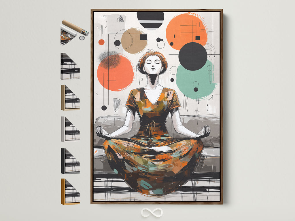 Abstract Meditation Art Print in a brown frame. The artwork features a woman in a meditative pose. The print is displayed with various frame options on the side. This modern mindfulness wall art enhances yoga studio decor.