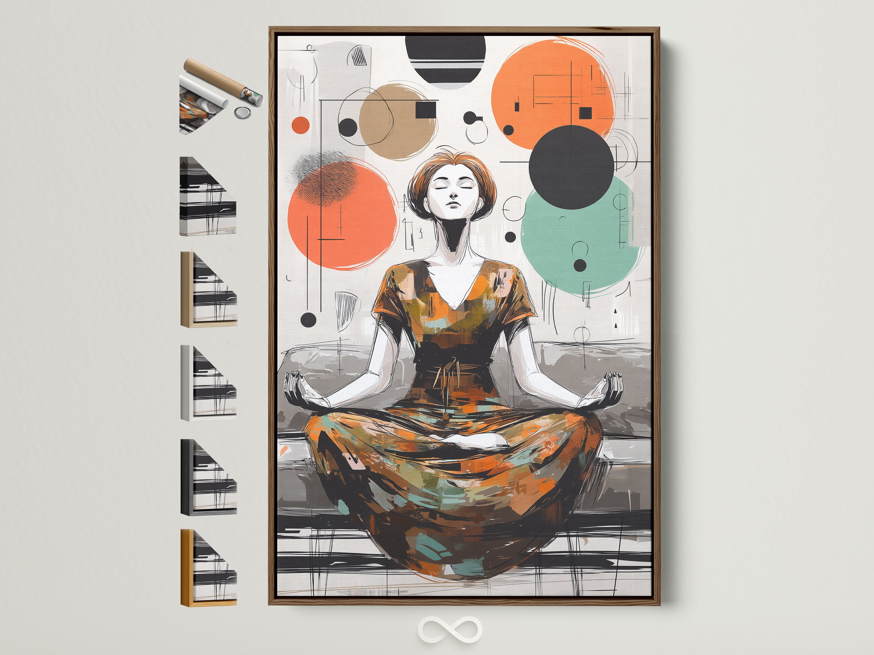 Abstract Meditation Art Print in a brown frame. The artwork features a woman in a meditative pose. The print is displayed with various frame options on the side. This modern mindfulness wall art enhances yoga studio decor.