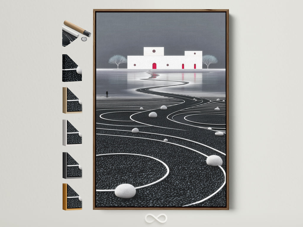 A surreal landscape artwork is displayed in a brown frame. The artwork features a monochrome palette with architectural elements. Red doorways add a pop of color. Frame options are visible on the side showcasing variety.