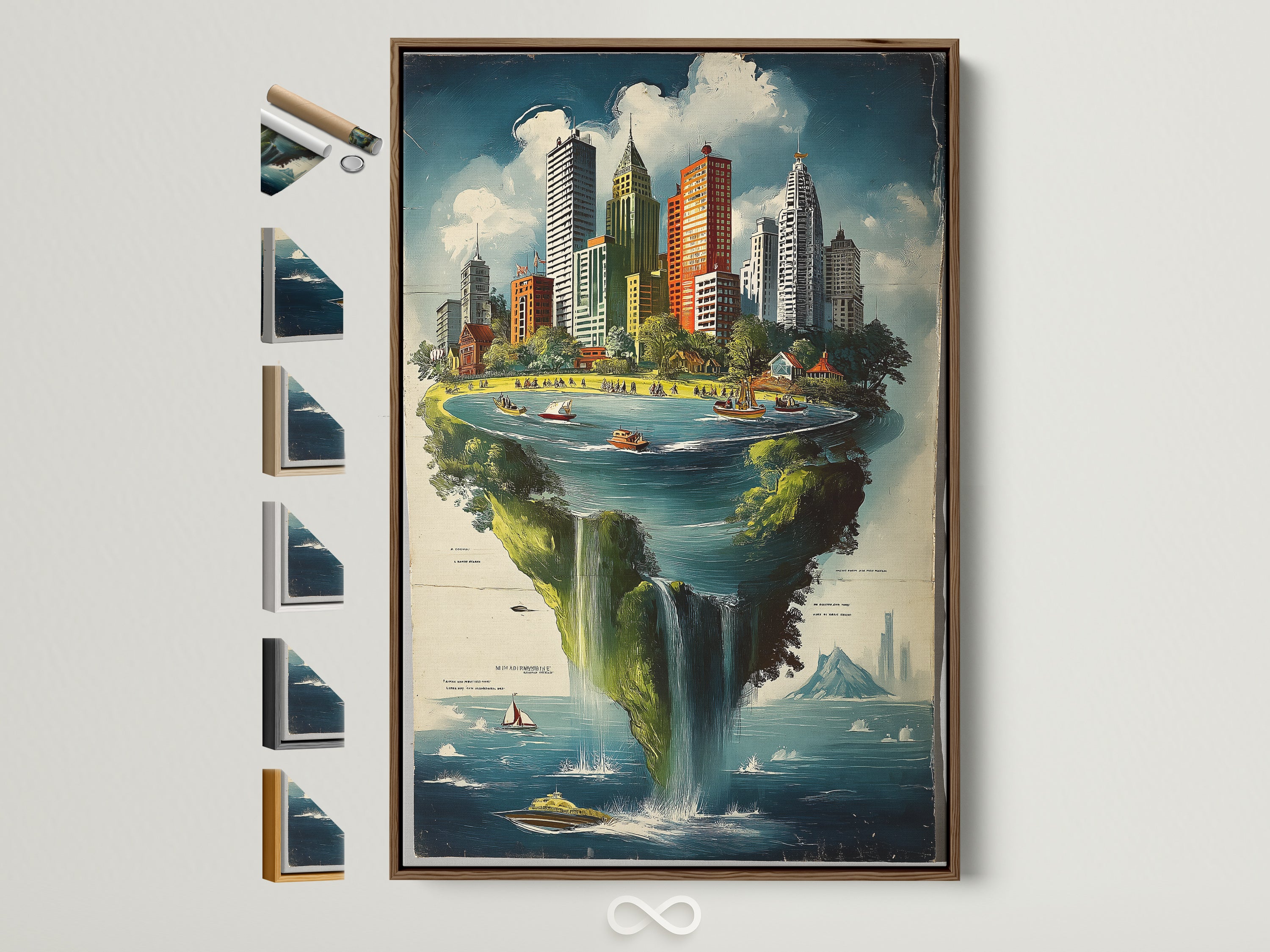 A whimsical cityscape island artwork framed in a brown frame. Various frame options are displayed beside it. The artwork features a floating metropolis with waterfalls and boats. It's perfect for adding a touch of fantasy to any room. Consider this unique wall art for your home or office.