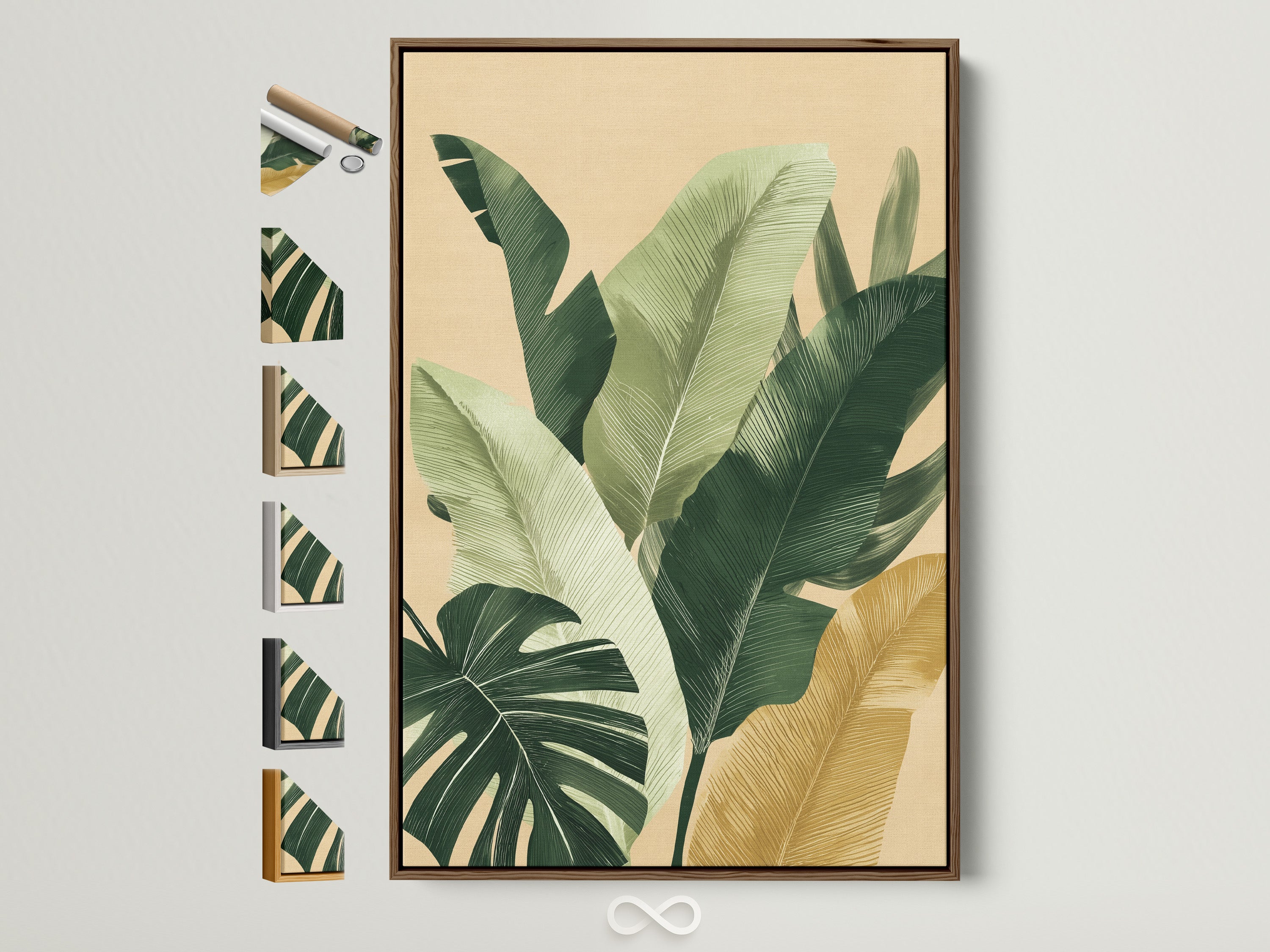 Artwork featuring lush green leaves is displayed in a brown frame. See all frame options available to customize your art. Find the perfect frame to complement your style and decor. Different frame colors are displayed on the side.