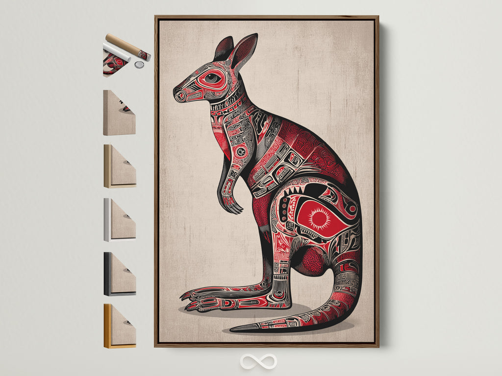 Aboriginal Kangaroo artwork is displayed in a brown frame. See all available frame options showcased beside the framed art. The artwork features intricate tribal patterns. The kangaroo is rendered in red and black tones. It's a perfect blend of cultural and animal art.