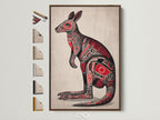 Aboriginal Kangaroo artwork is displayed in a brown frame. See all available frame options showcased beside the framed art. The artwork features intricate tribal patterns. The kangaroo is rendered in red and black tones. It's a perfect blend of cultural and animal art.