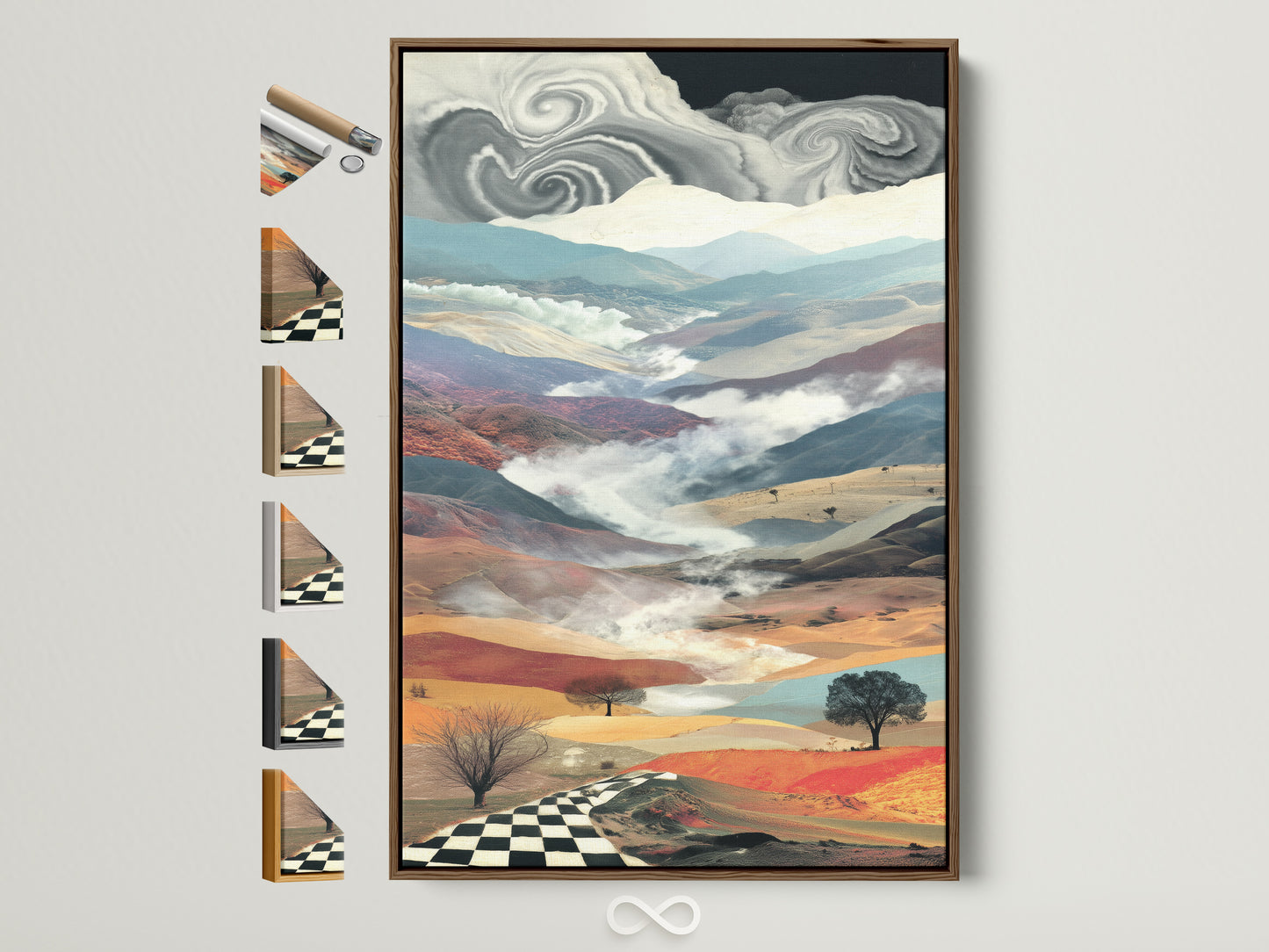 Brown frame displays a surreal landscape artwork. The art features dreamy mountains a checkered path and unique details. All frame options are showcased. Perfect wall art for modern eclectic and transitional styles.