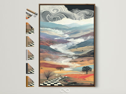 Brown frame displays a surreal landscape artwork. The art features dreamy mountains a checkered path and unique details. All frame options are showcased. Perfect wall art for modern eclectic and transitional styles.