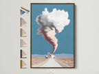 Surreal Coffee Cup Artwork in a Brown Frame. This Desert Landscape Wall Art brings a dreamy cloudscape to your office. The framed artwork includes all available frame options. Perfect modern art for coffee lovers seeking unique wall decor.
