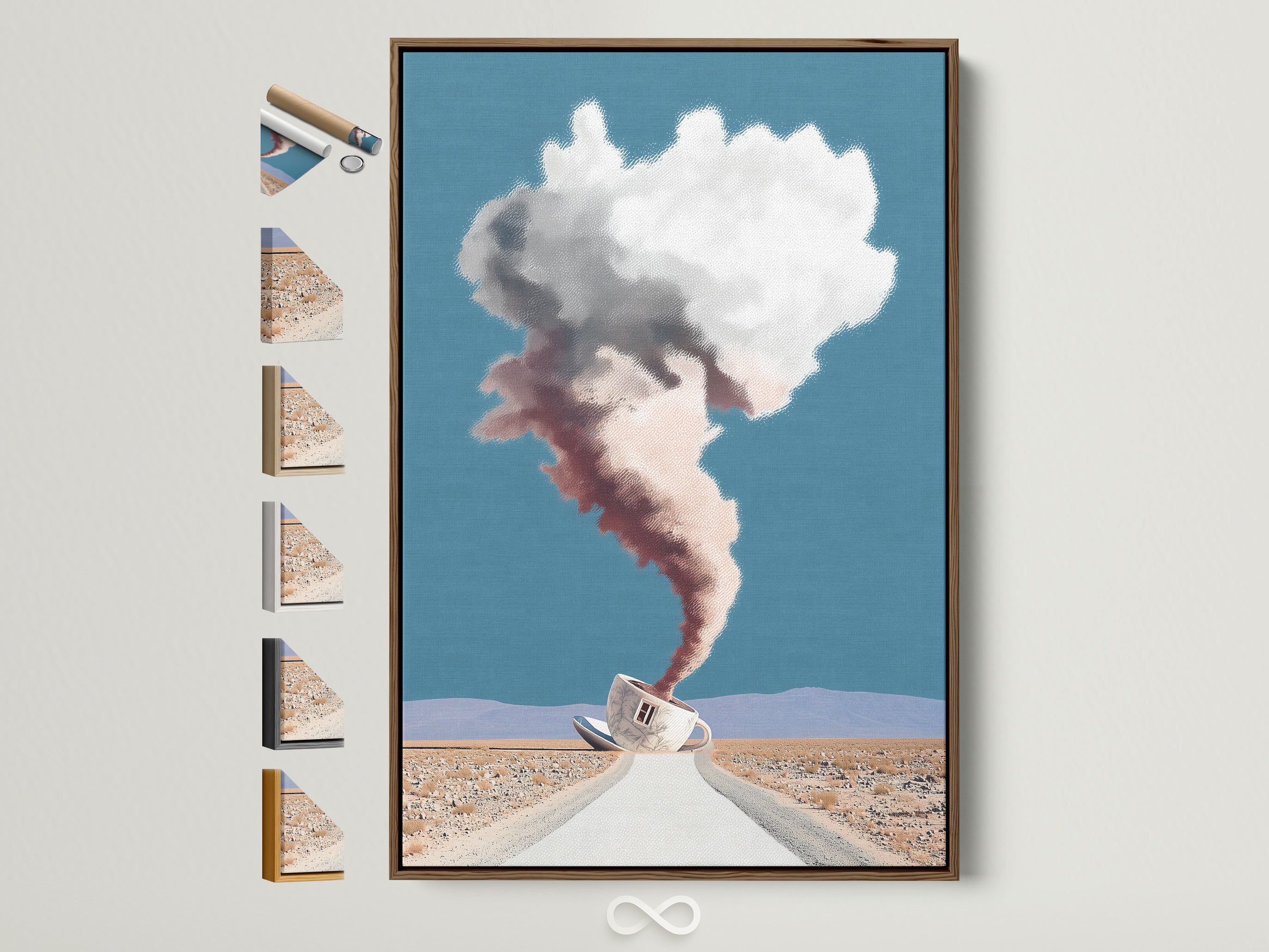 Surreal Coffee Cup Artwork in a Brown Frame. This Desert Landscape Wall Art brings a dreamy cloudscape to your office. The framed artwork includes all available frame options. Perfect modern art for coffee lovers seeking unique wall decor.