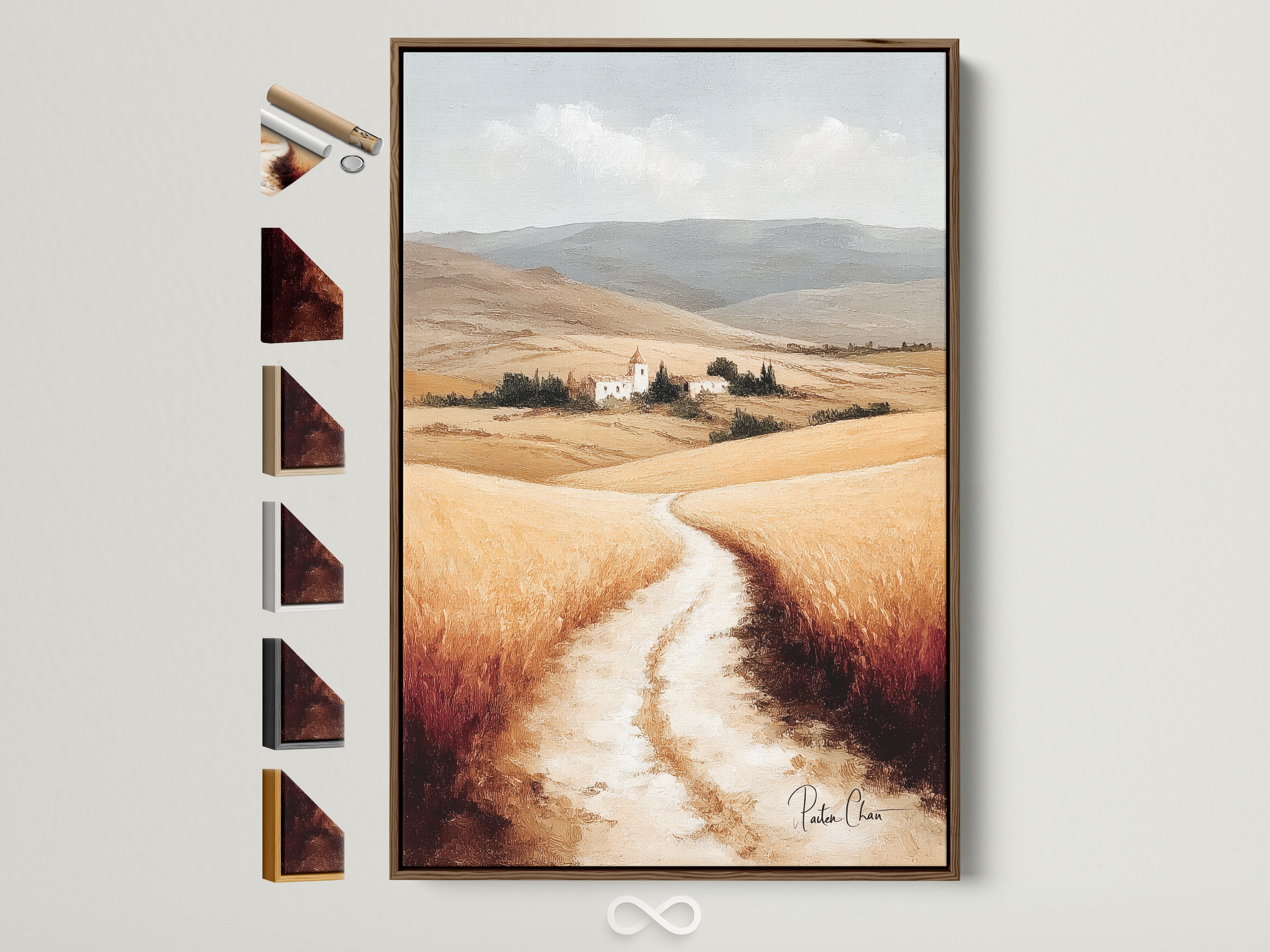 Tuscan Landscape artwork with a brown frame and various frame options displayed beside it. This Italy countryside wall art showcases a farmhouse with neutral tones. Perfect farmhouse decor for dining areas. Enhance your space with Italian scenery and rustic wall art.