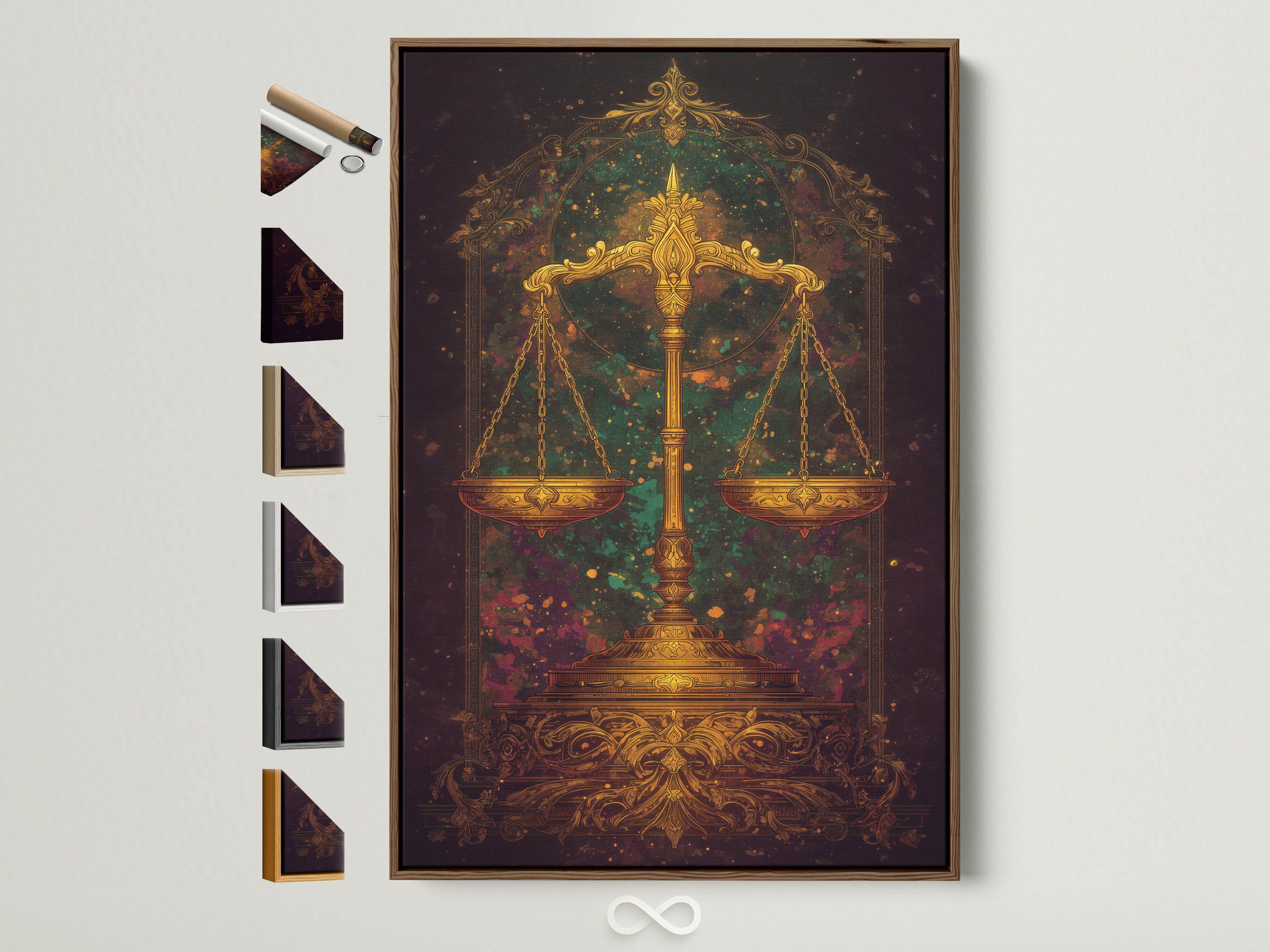 A golden Justice Scales artwork is displayed in a brown frame. See all available frame options. This ornate legal wall art adds vintage decor to any law office. The cosmic astrology artwork enhances studies clinics and boardrooms.