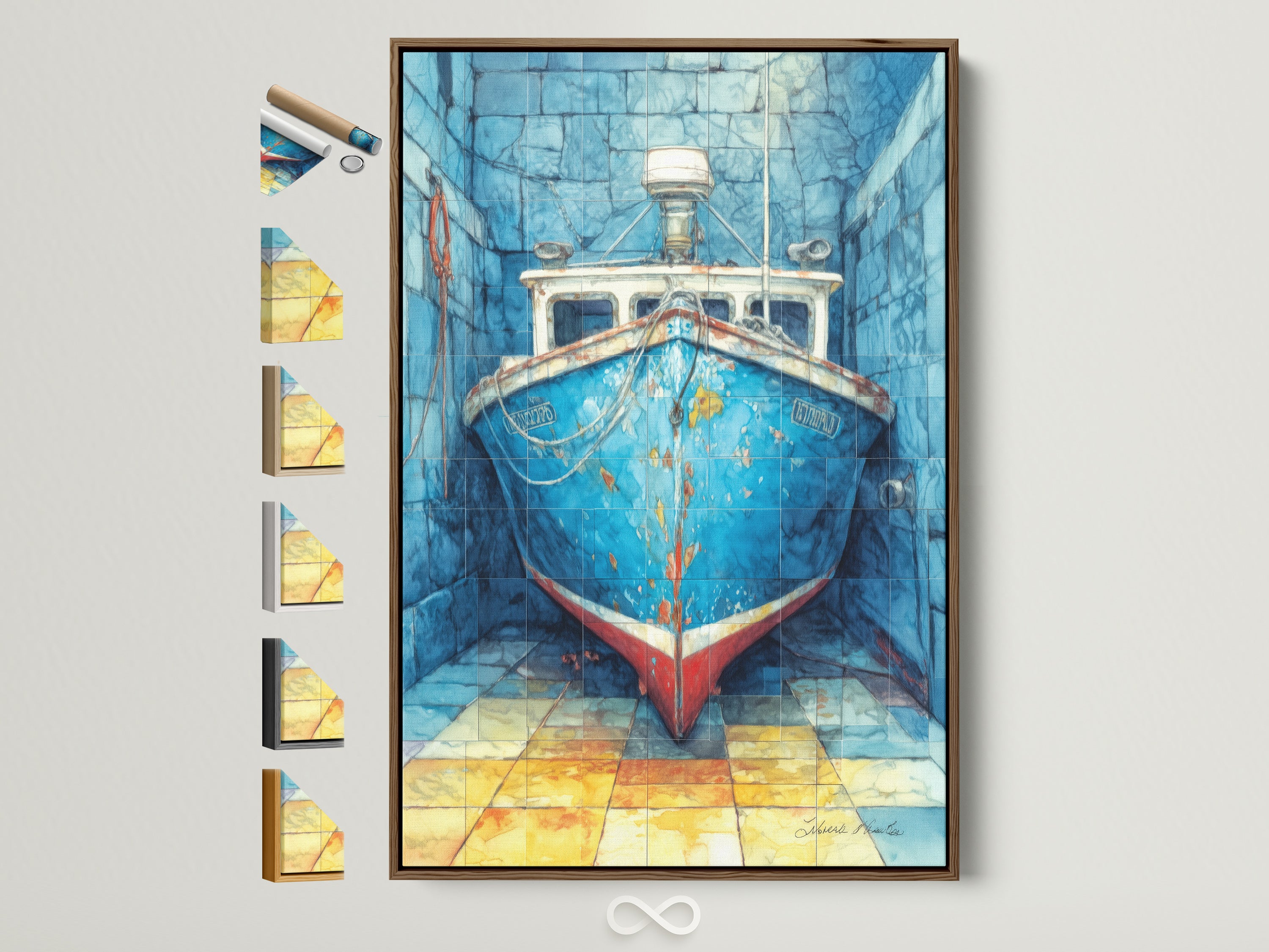 Fishing Boat artwork with a brown frame. The nautical canvas adds coastal artwork to any office decor. Explore our framed art options. Elevate your space with boat lover gifts. Find the perfect sea vessel print to match your style. Shop now for ocean themed art.