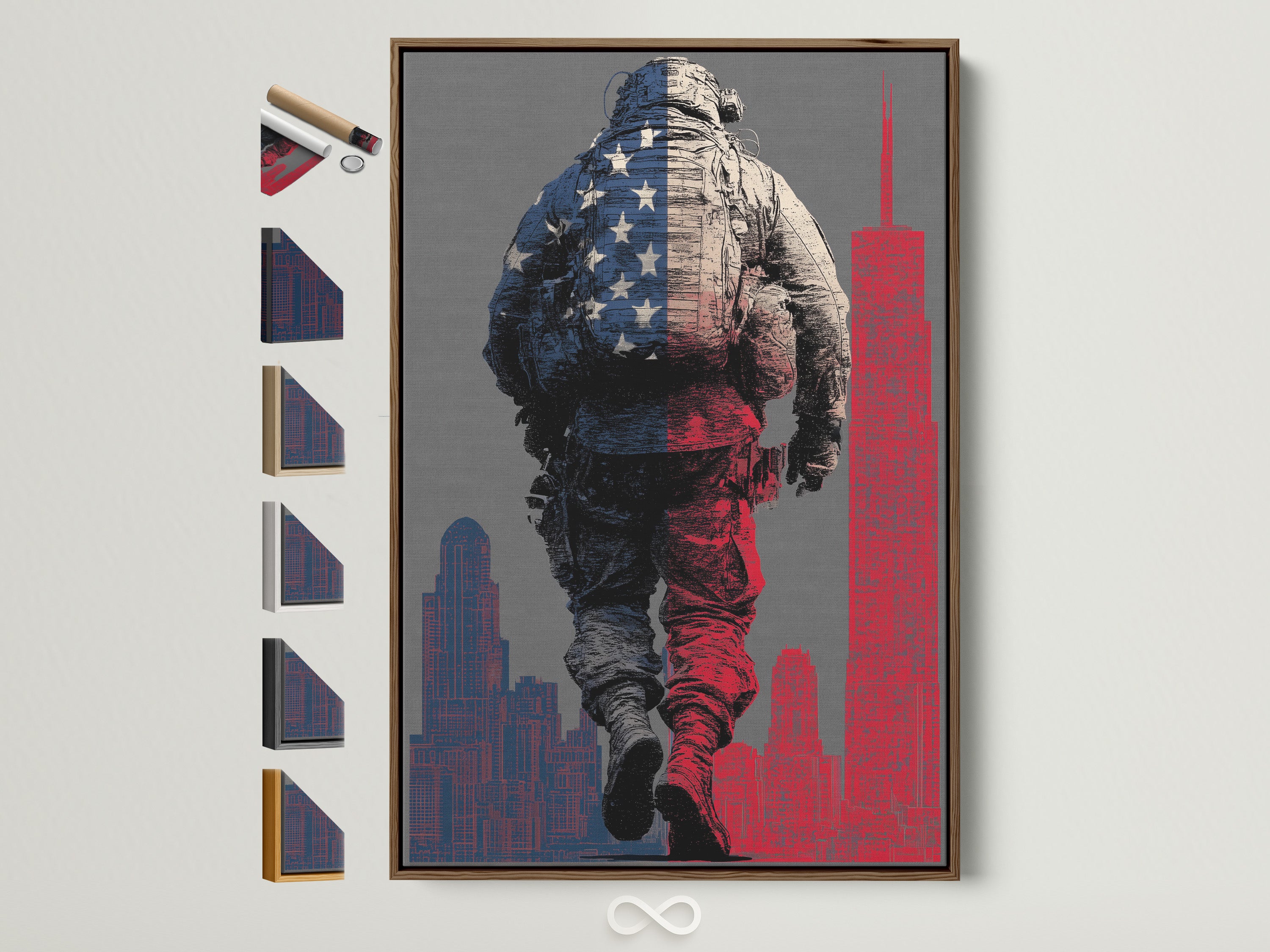 American Soldier Art Print with a brown frame. See all frame options for this military wall art. The patriotic canvas print is perfect for office decor. A meaningful veteran memorial artwork.