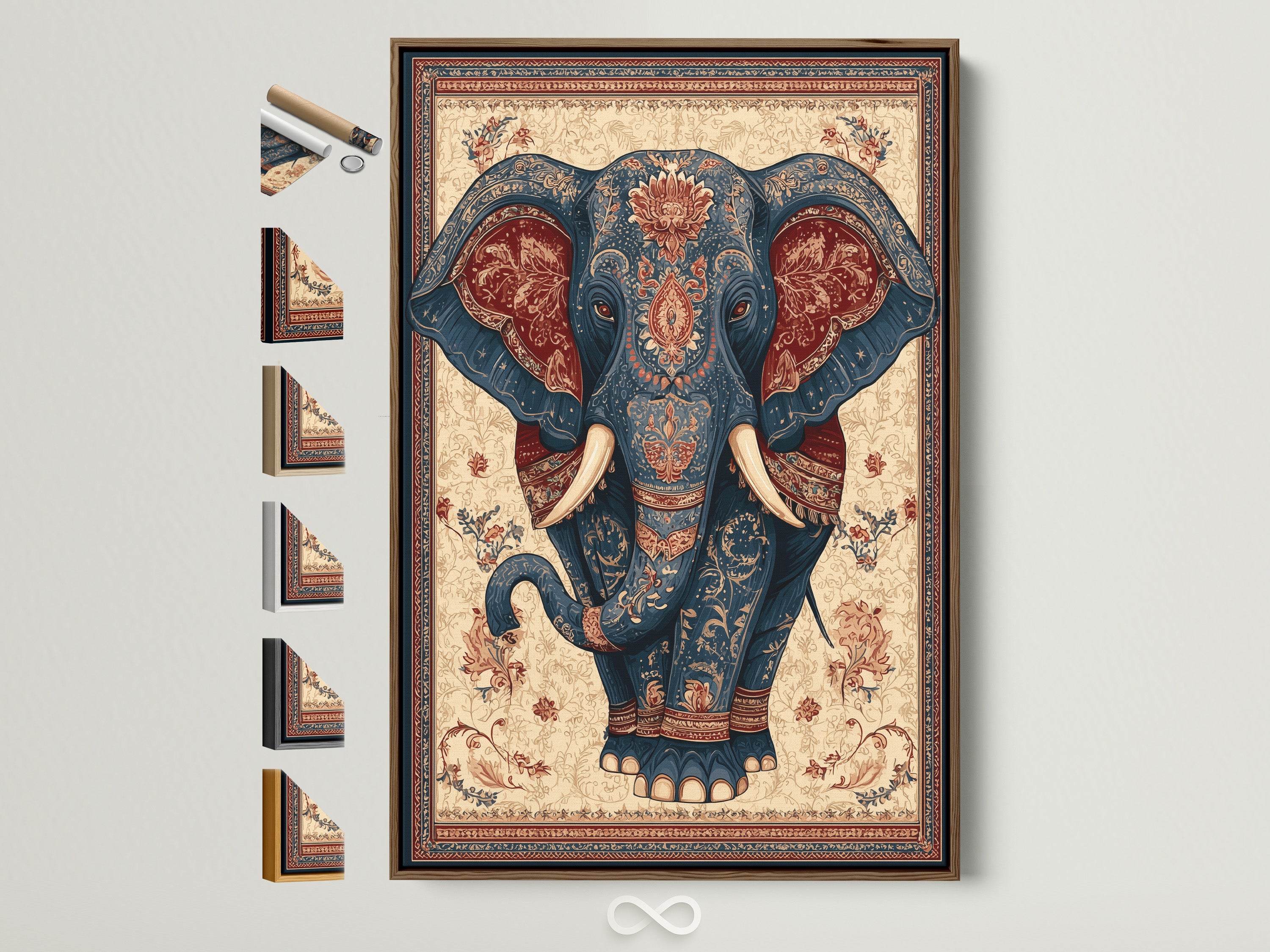 A brown frame displays a vibrant elephant artwork. See various frame options to perfectly complement your art. This frame enhances the artwork's intricate details. Consider how different frames can transform your living space. Explore our framing choices to find your ideal match.