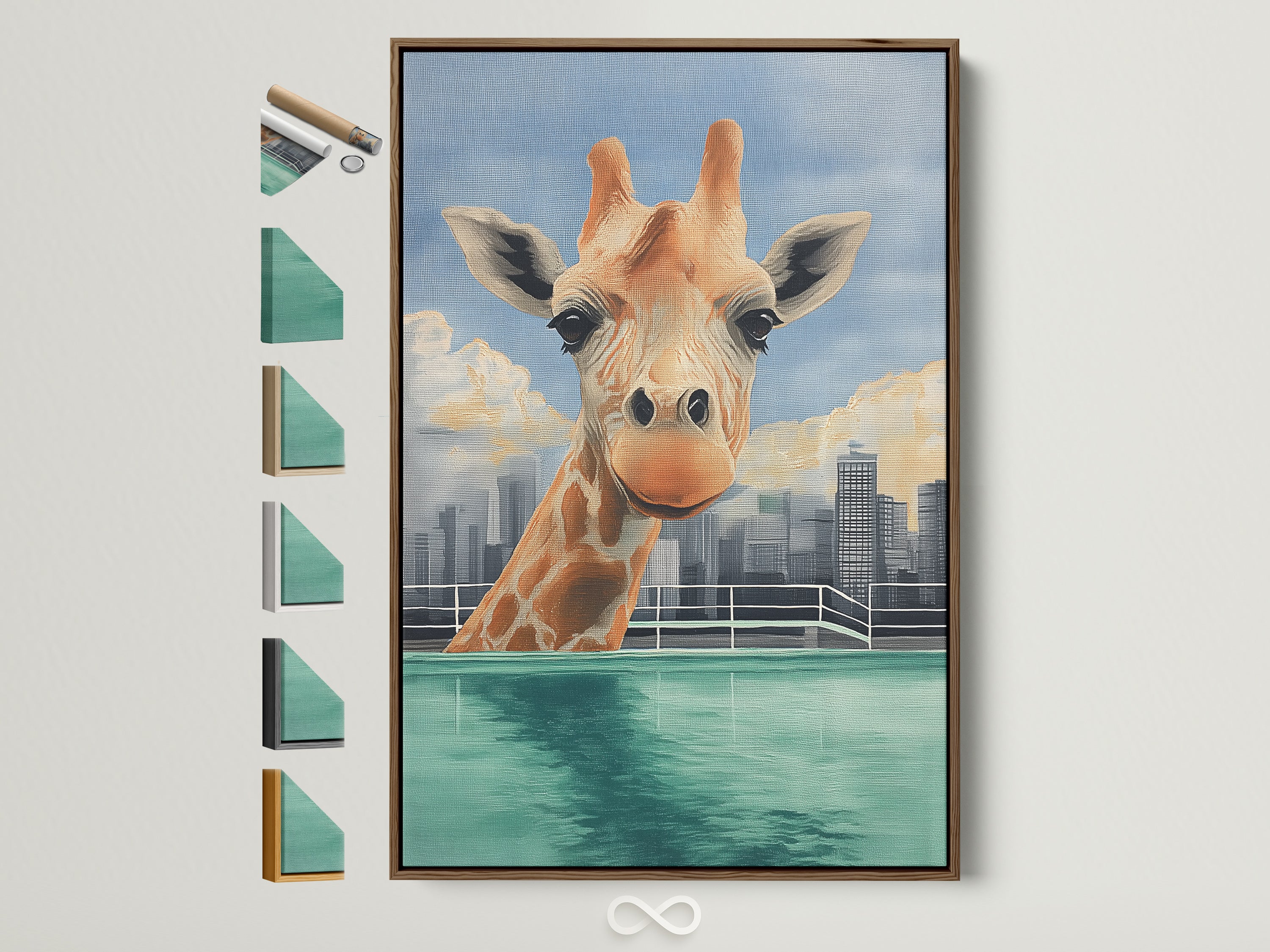 A charming giraffe skyline artwork is displayed in a brown frame. This whimsical animal wall art adds a playful touch to any room. See all available frame options to customize your artwork.