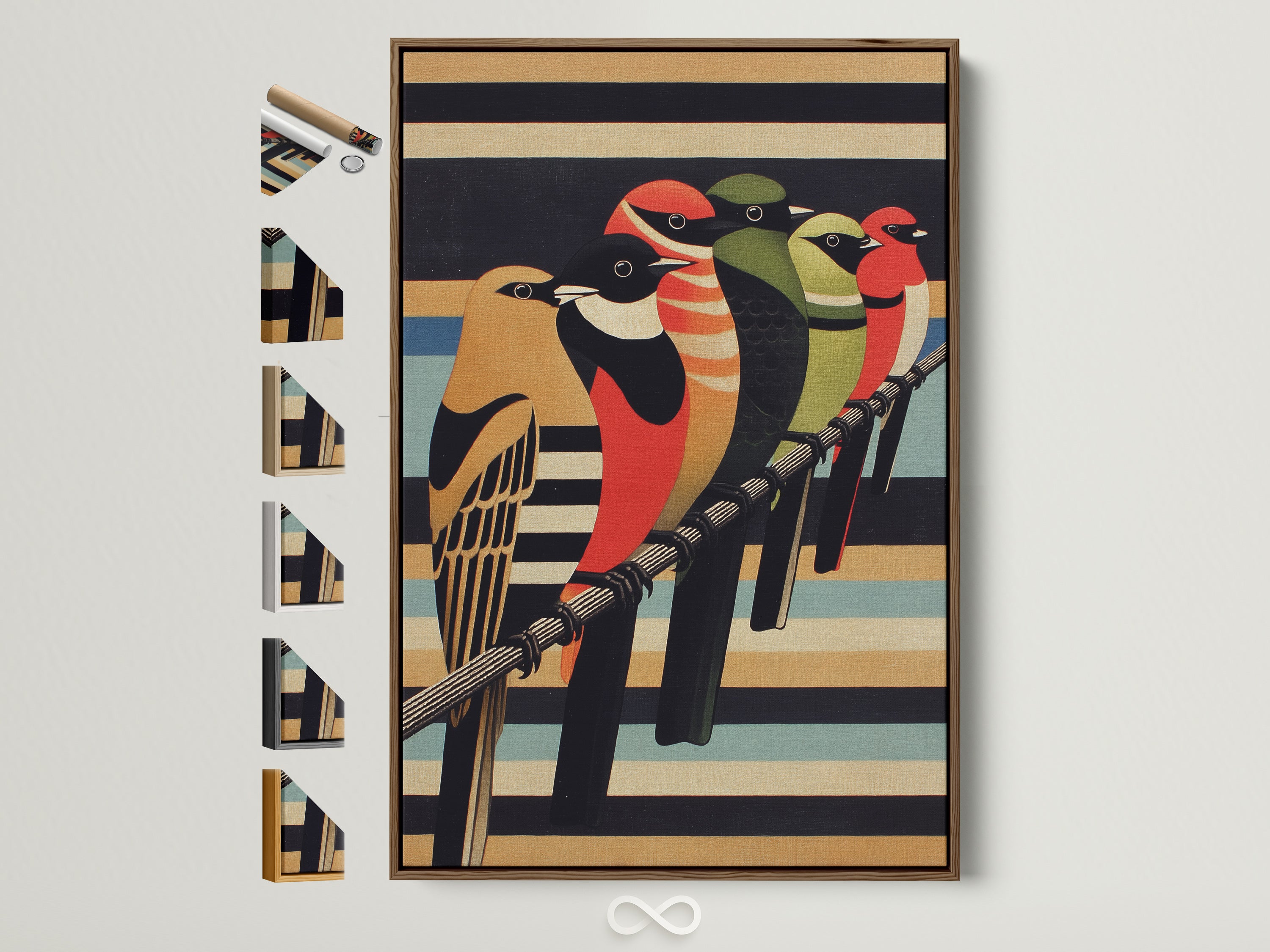 Explore framing options for your vintage bird artwork. A brown frame surrounds a colorful avian poster. See all available frame styles on the side. Perfect for study room decor. Elevate your space with nature inspired artwork.