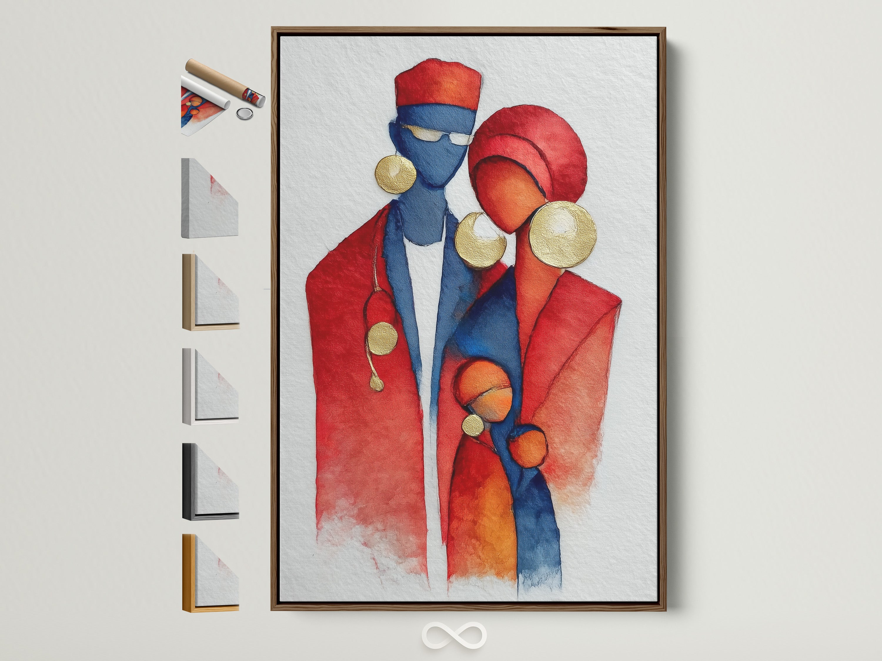 A brown frame displays a watercolor print of an African family. The contemporary artwork uses red and blue hues. Gold accents adorn the figures. This cultural heritage canvas adds warmth to any office or home. Frame options are displayed on the side.