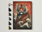 Elevate your space with our Japanese style tiger art print. This artwork features a red tiger with gold accents. It is displayed in a brown frame. See all frame options available for this mystical animal poster. Perfect for office decor or Asian inspired home wall art.