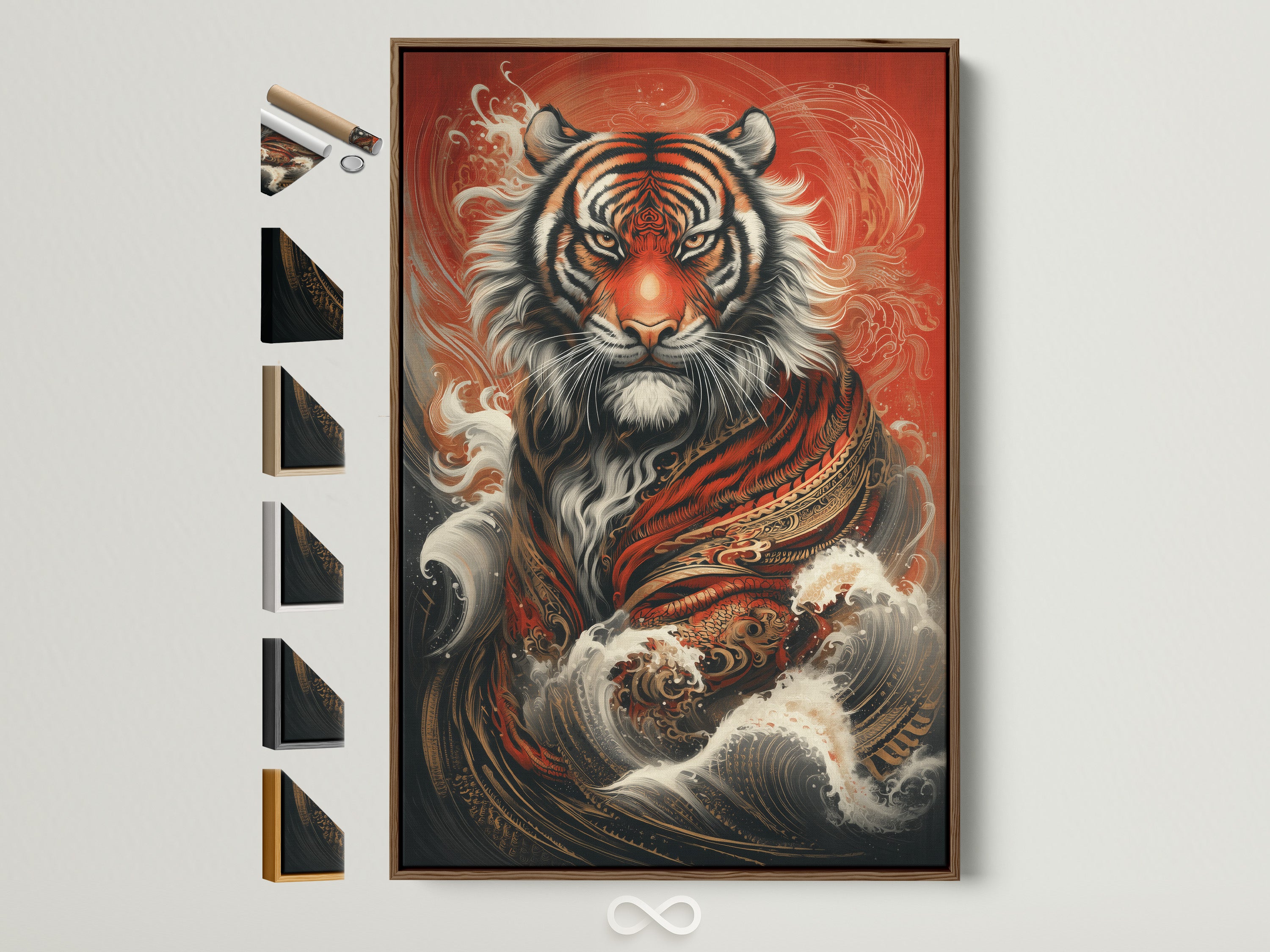 Elevate your space with our Japanese style tiger art print. This artwork features a red tiger with gold accents. It is displayed in a brown frame. See all frame options available for this mystical animal poster. Perfect for office decor or Asian inspired home wall art.
