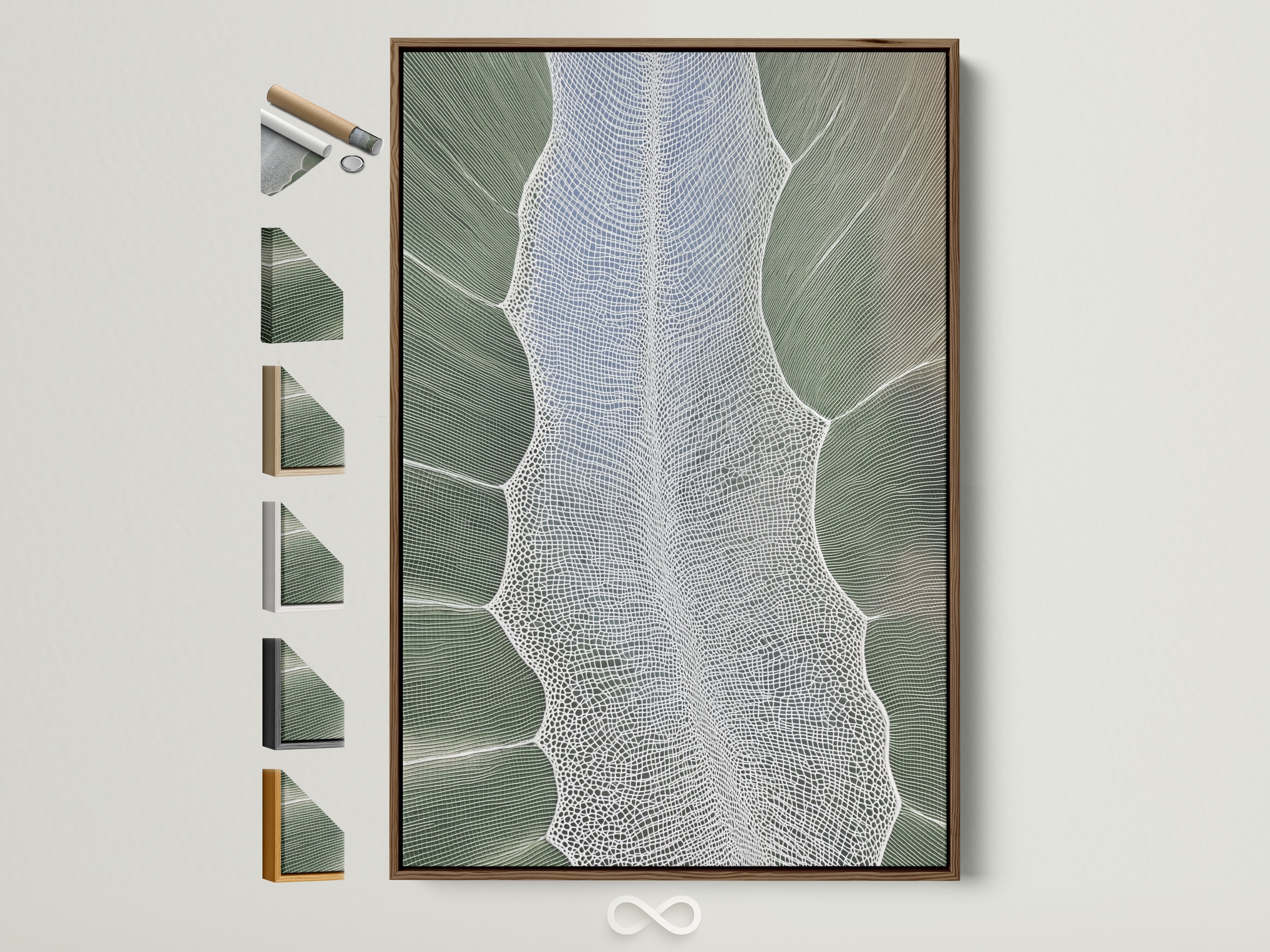 Sage green abstract botanical canvas print in frame