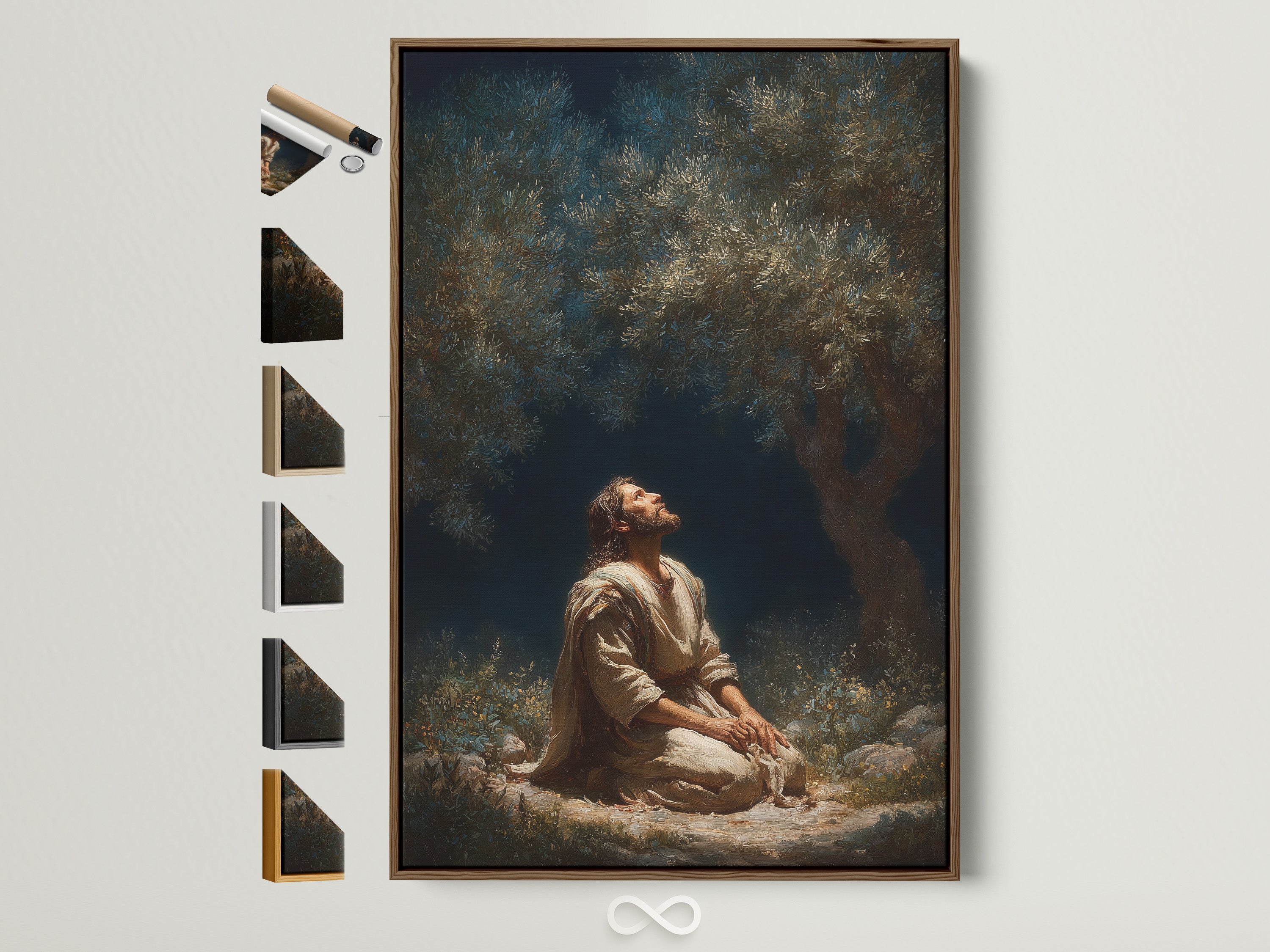 Explore our diverse frame options. This artwork shows a brown frame displaying a religious artwork. Discover the perfect frame to complement your style. All frame choices are displayed on the side. Find your ideal match today
