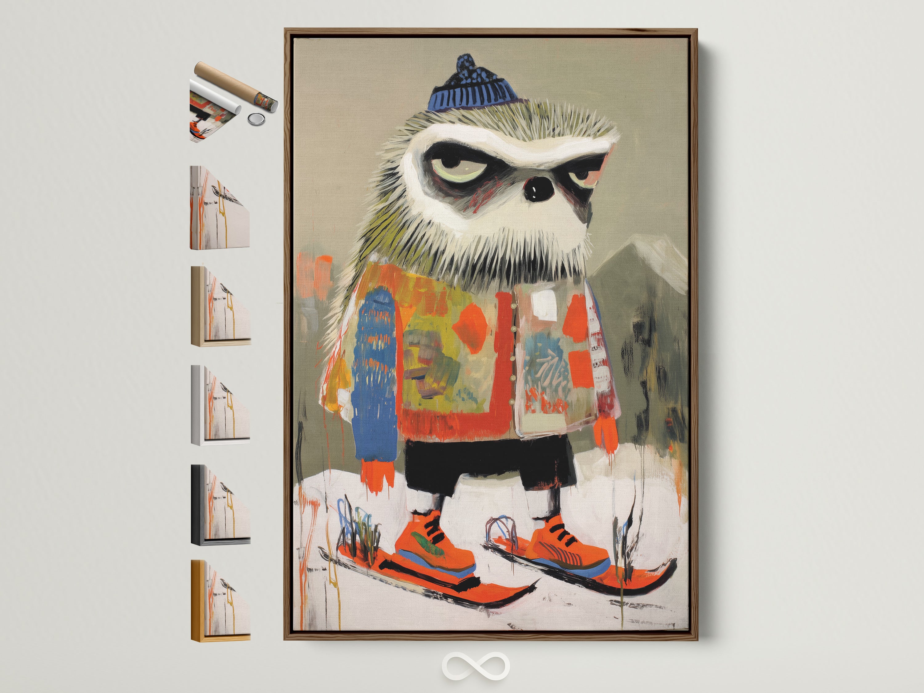 Framed skiing owl art adds a whimsical touch to any space. The brown frame complements the colorful winter animal print. Multiple frame options are showcased offering versatile choices for kids room wall art or nursery wall decor. This playful artwork brings a modern Scandinavian vibe to studios lobbies clinics and boardrooms.