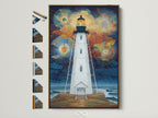 Lighthouse geometric sky wall art with a brown frame. The artwork depicts a coastal scene with a tall white lighthouse. The sky is filled with geometric patterns and vibrant colors. This nautical art adds a touch of minimalist elegance to any room. It's a great choice for coastal home decor.