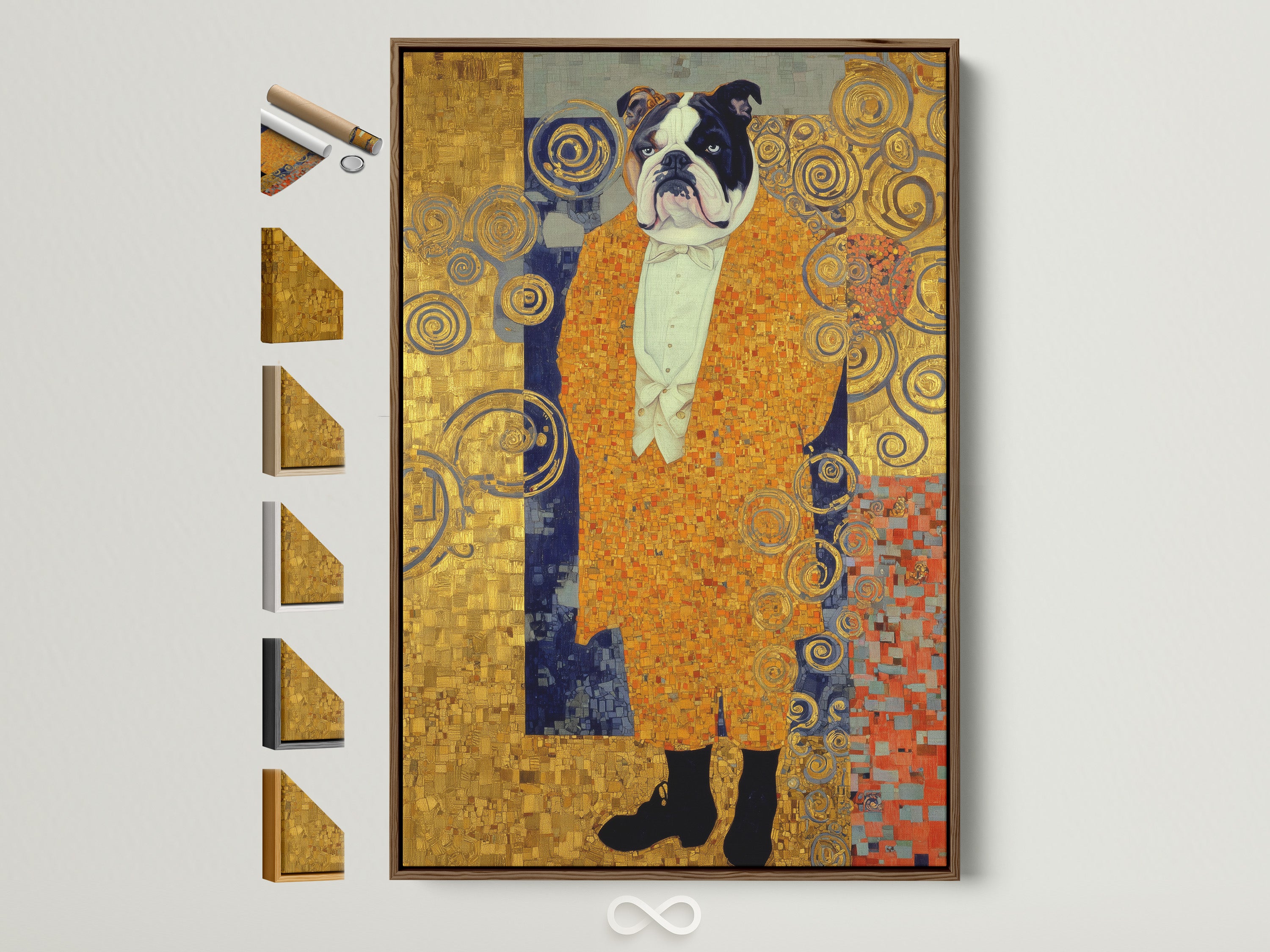 Klimt Style Bulldog Art Print is displayed in a brown frame. See all frame options available. This dog canvas wall art features a gold ornate animal portrait. Perfect for office wall decor. A vintage dog art that blends art nouveau print.  Ideal as decorative art or a unique pet portrait art.