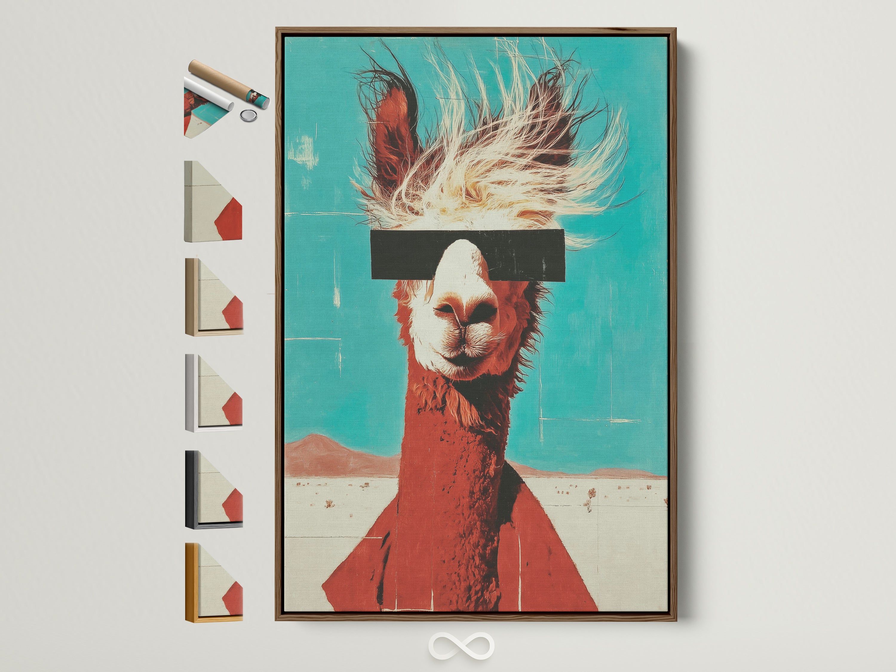 Llama artwork in a brown frame hangs on a wall. The frame options are displayed on the side. The artwork is retro teal and orange modern art. A quirky animal wall art for bedroom decor.