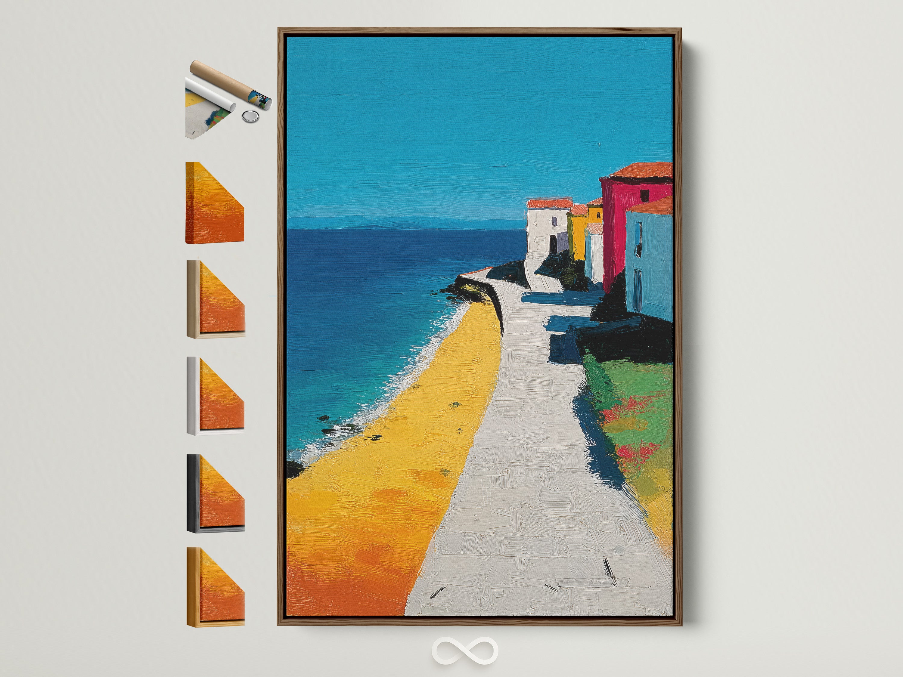 Artwork featuring a coastal scene in a brown frame. Explore our range of frame options to perfectly complement your art. Find the ideal frame to enhance your living space. Each frame beautifully showcases the artwork.