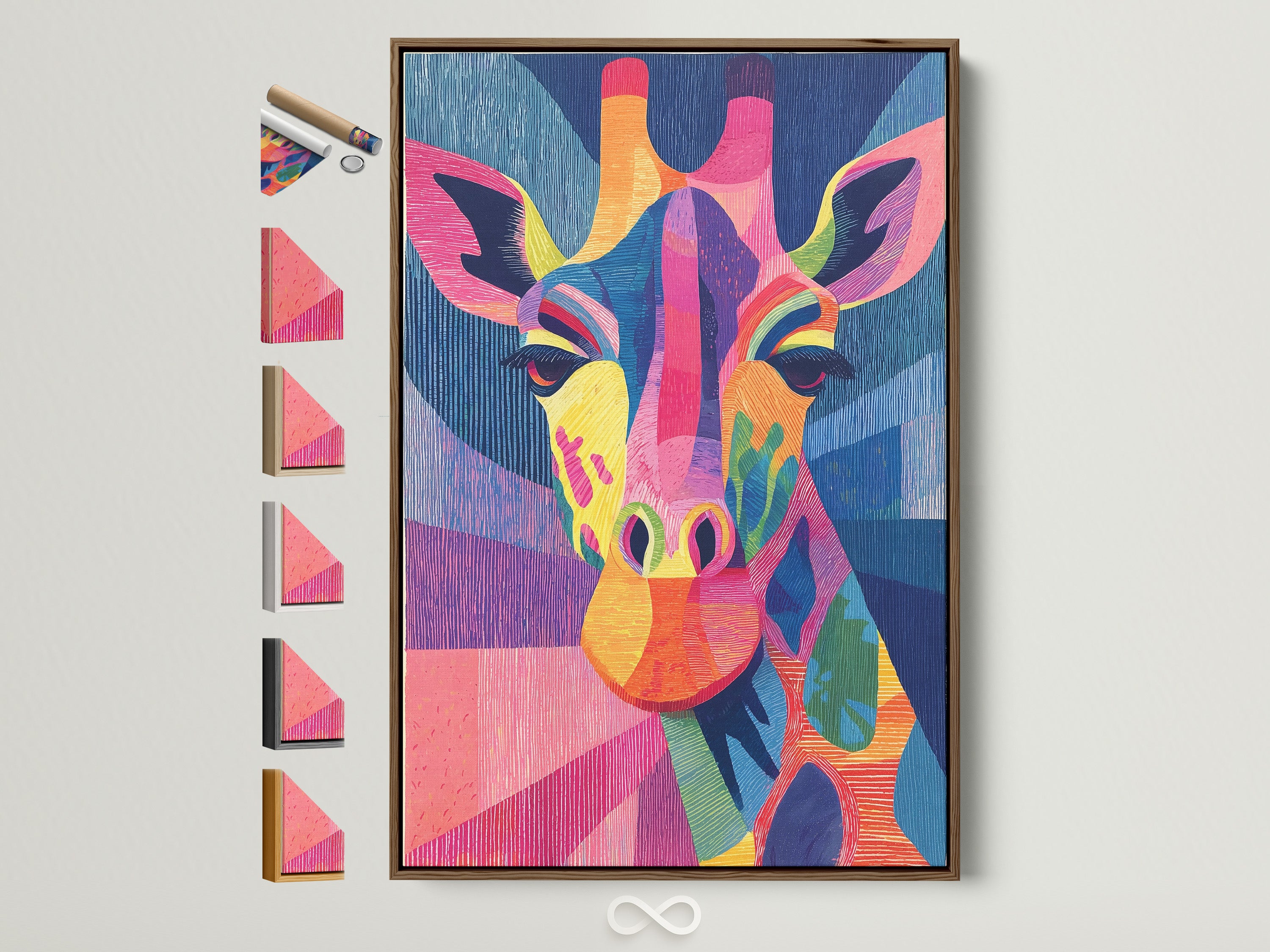 A colorful giraffe artwork in a brown frame is displayed. The artwork features a rainbow of colors. The frame is a light brown wood. All frame options are visible on the side. This modern animal art is perfect for a kids room or nursery decor.