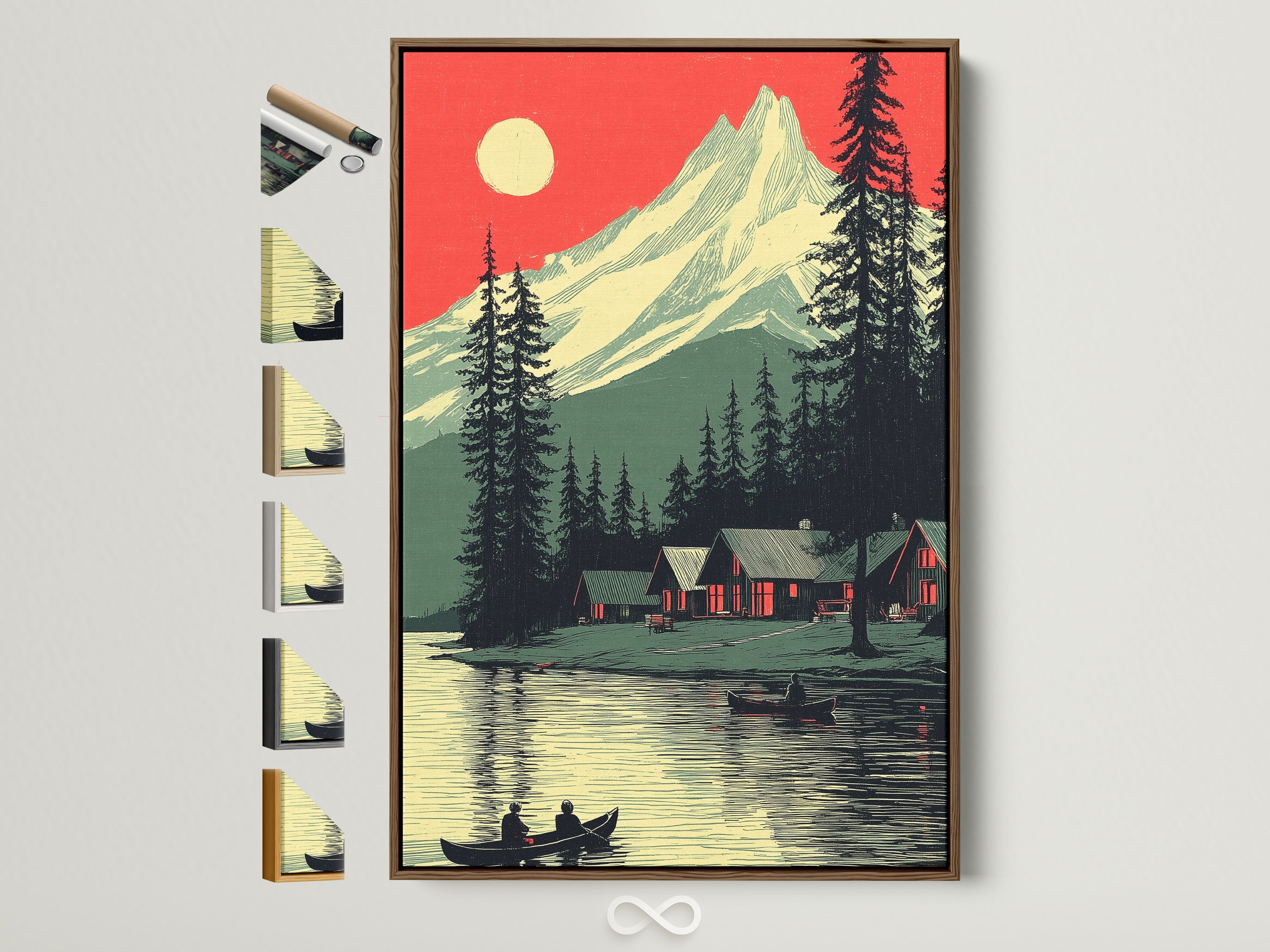 A mountain lake artwork is displayed in a brown frame. See all available frame options. This rustic nature artwork features a serene lake and towering mountains. Perfect for cabin or home decor. Bring the outdoors in with this vintage-inspired print.