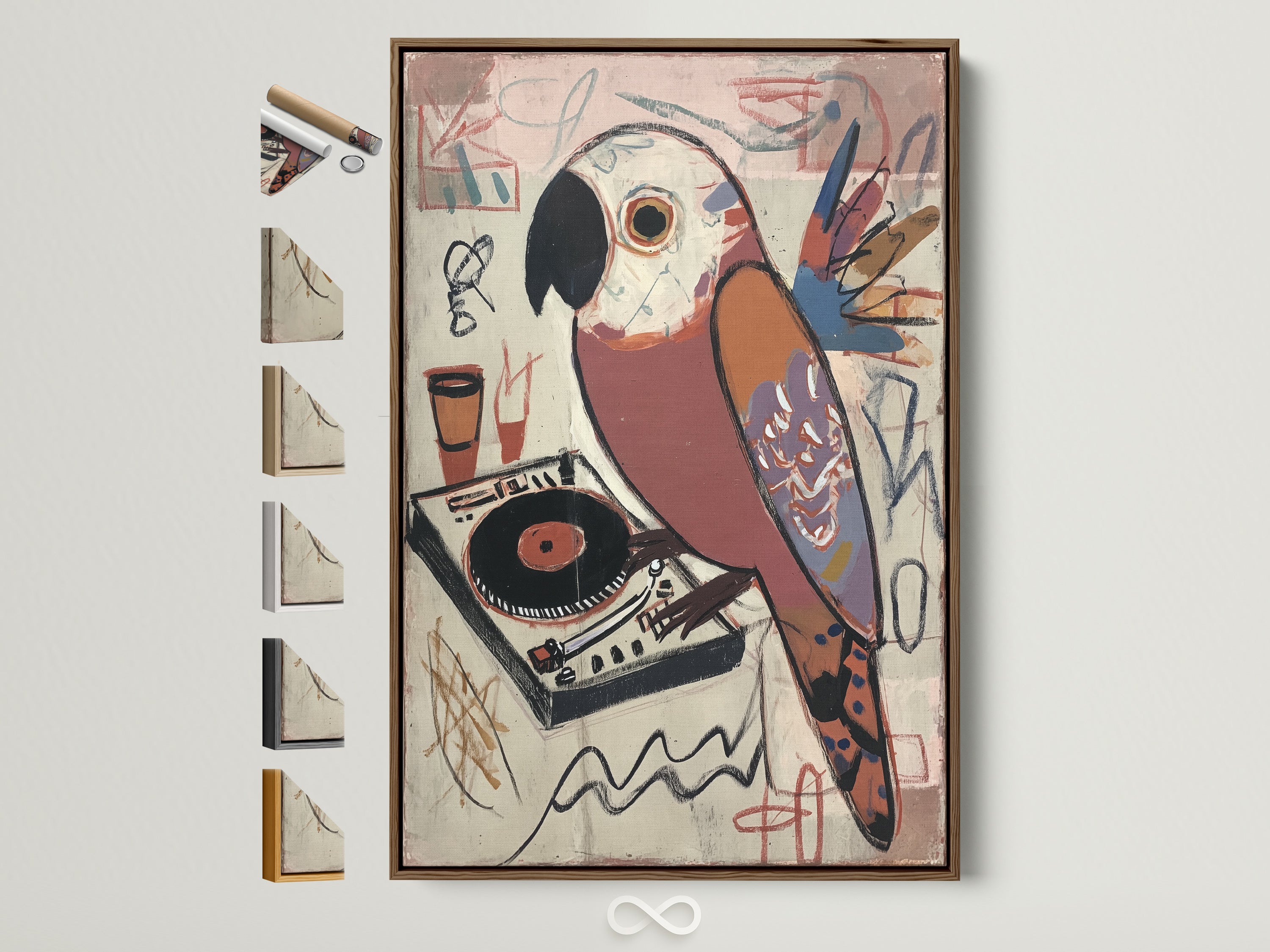 Vintage Parrot DJ Artwork in a Brown Frame. Explore framed options for the Music Bird Canvas Wall Art. This retro turntable poster is perfect for music room decor. See all frame styles.
