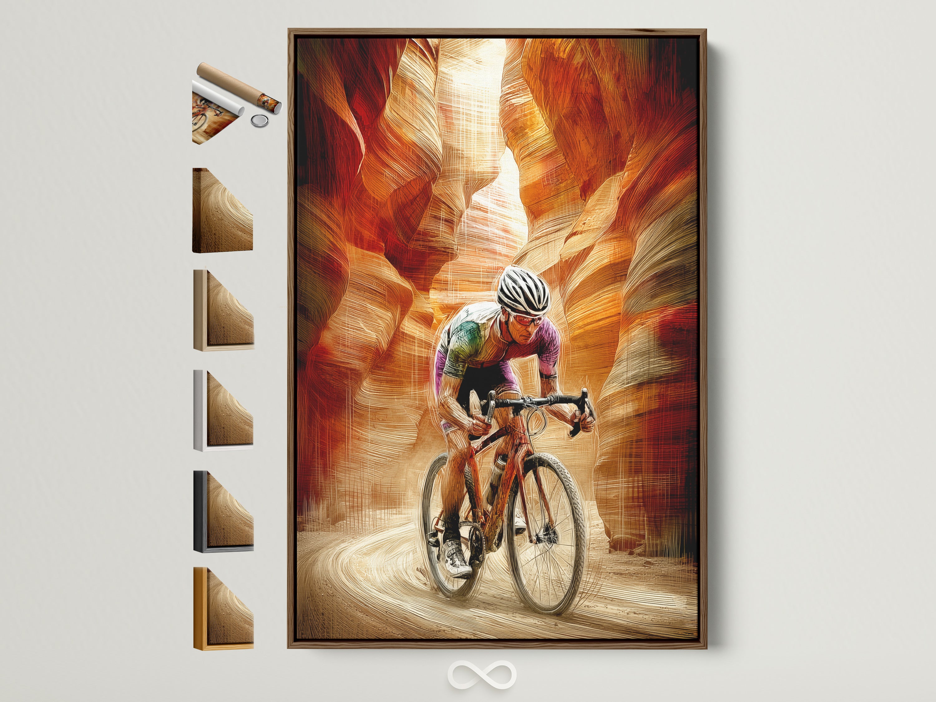 A cyclist art print framed in a modern brown frame. See all the frame options displayed on the side. Perfect sports artwork for minimalist or rustic decor. This endurance art is ideal for a home gym or living room.