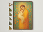 A beautiful fine art print features a tender moment. A mother lovingly holds her child. The artwork is displayed in a brown frame. Explore various frame options to enhance your chosen art.