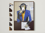 A contemporary animal artwork featuring a monkey in a suit is displayed in a brown frame. This quirky pop art poster adds a touch of humor to any modern workspace. See all frame options. Perfect office wall decor for business owners and interior designers seeking elevated wall art.