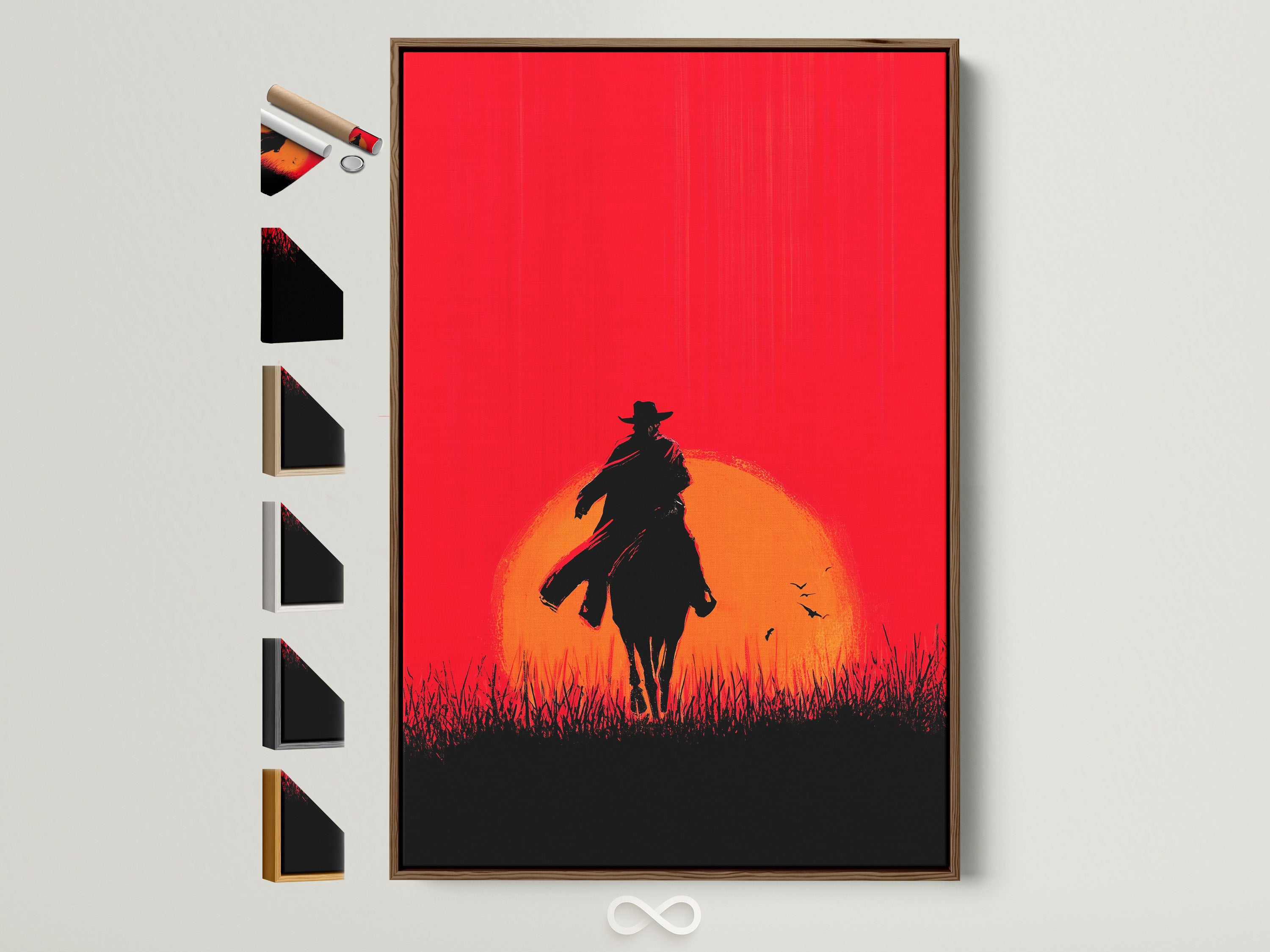 Cowboy Sunset Canvas Print in a brown frame. The artwork features a striking red orange silhouette of a horse rider against a setting sun. Explore frame options to match your rustic wall decor. Perfect for man caves offices or western themed spaces.
