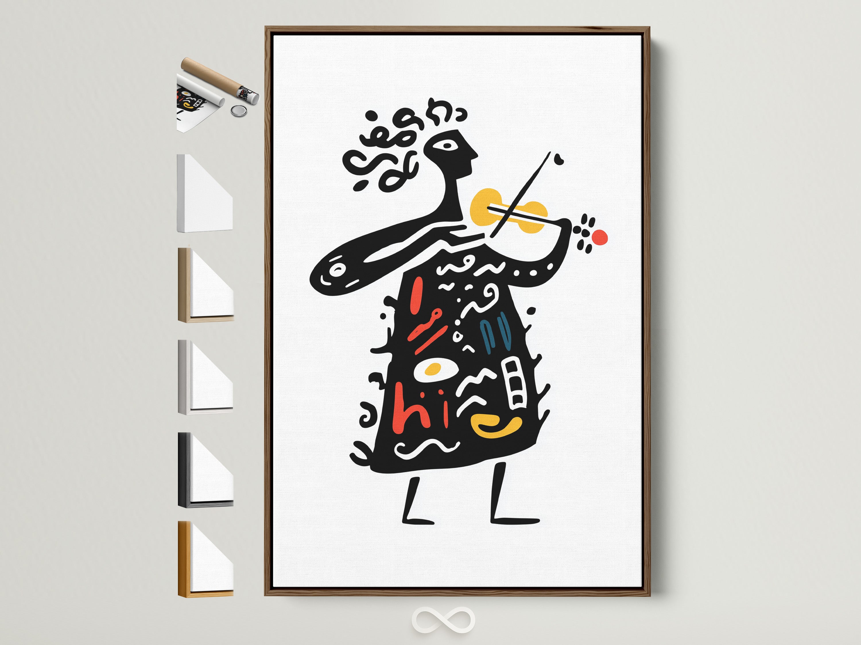 Framed artwork on a white wall. The brown frame complements the art piece. The artwork features a person playing the violin. Explore frame options to enhance your favorite art prints. Many frame colors are available to match your home decor.