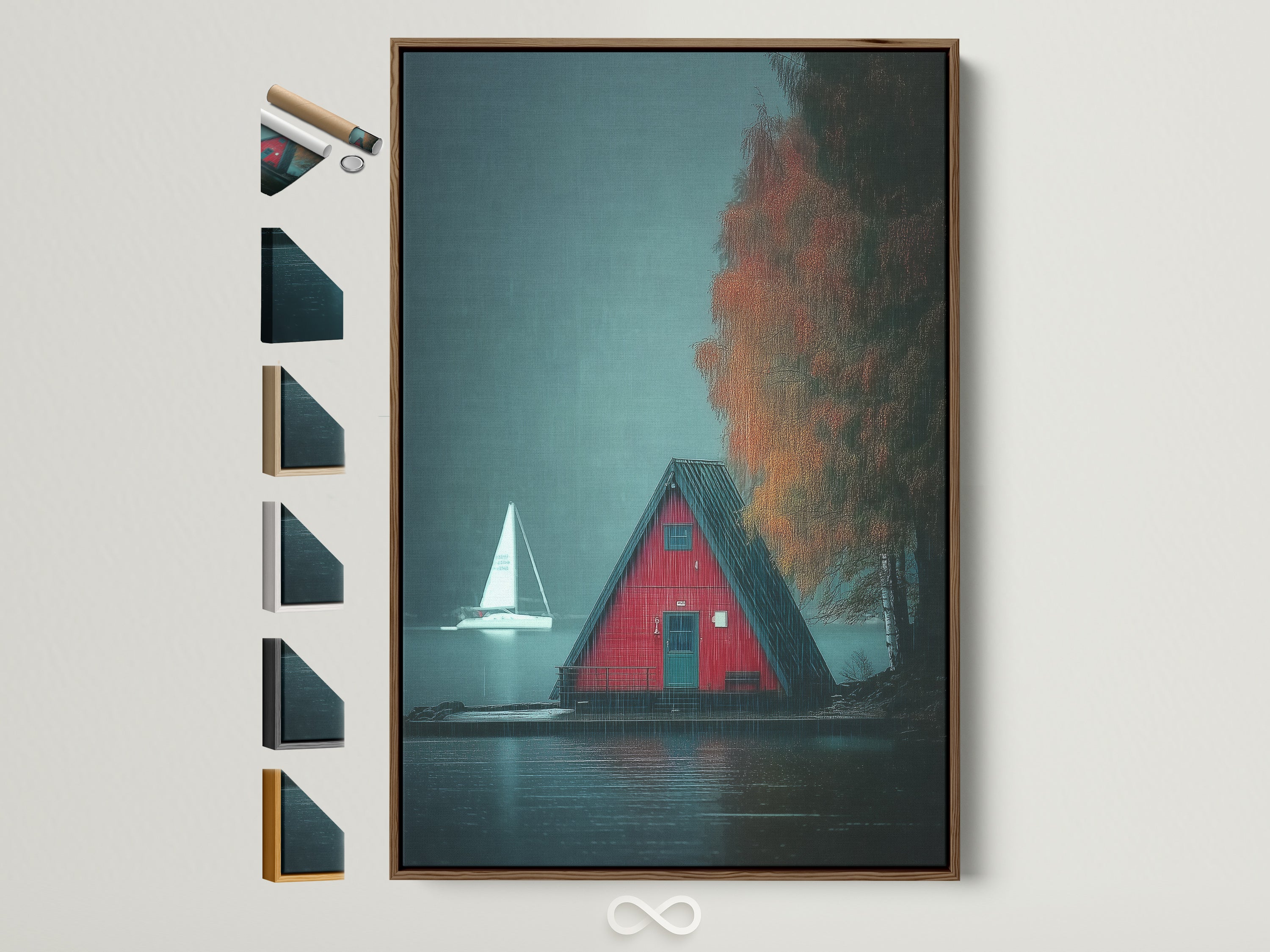 A-Frame Cabin Canvas artwork with a brown frame is displayed. Frame options are showcased on the side. This moody lake landscape poster adds cottagecore decor to any room. It brings a touch of nature and rustic charm to your living space. Perfect for cabin and lake house enthusiasts seeking cozy home decor.