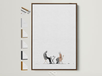 Elevate your space with minimalist wall art. This artwork features an elderly couple enjoying coffee. It is framed in a warm brown tone. Explore frame options to complement your style. Discover the perfect art for your coffee shop or dining area. Neutral tones create a calming atmosphere.