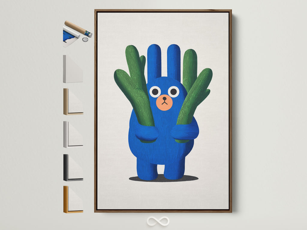 A cute cactus artwork print is displayed in a brown frame. The frame options are showcased on the side. This whimsical plant canvas is great for a kids room. It adds a touch of blue green nursery wall art.