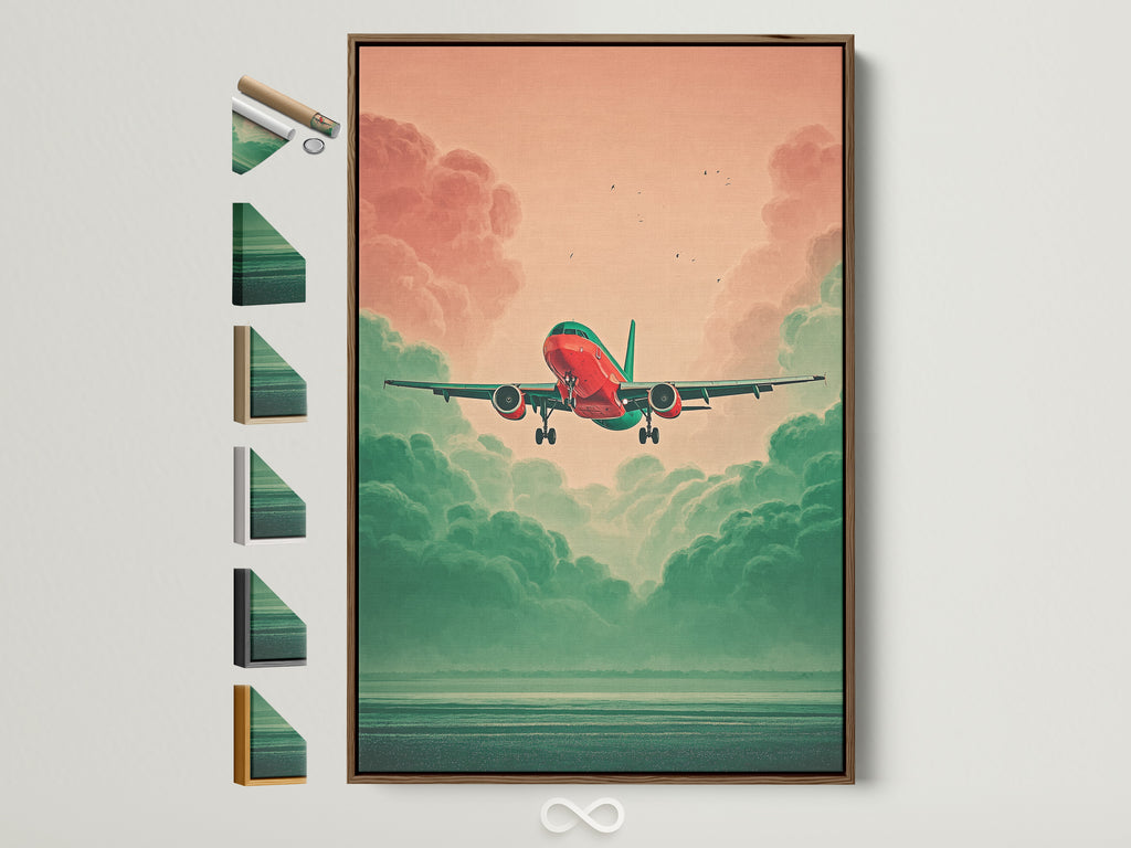 Aviation Wall Art with a brown frame showcasing frame options. The artwork features an airplane in a teal and coral sky. It's ideal for aviation enthusiasts. This modern art print enhances any space. Perfect for adding a touch of travel to your office decor. Get this aviation print today
