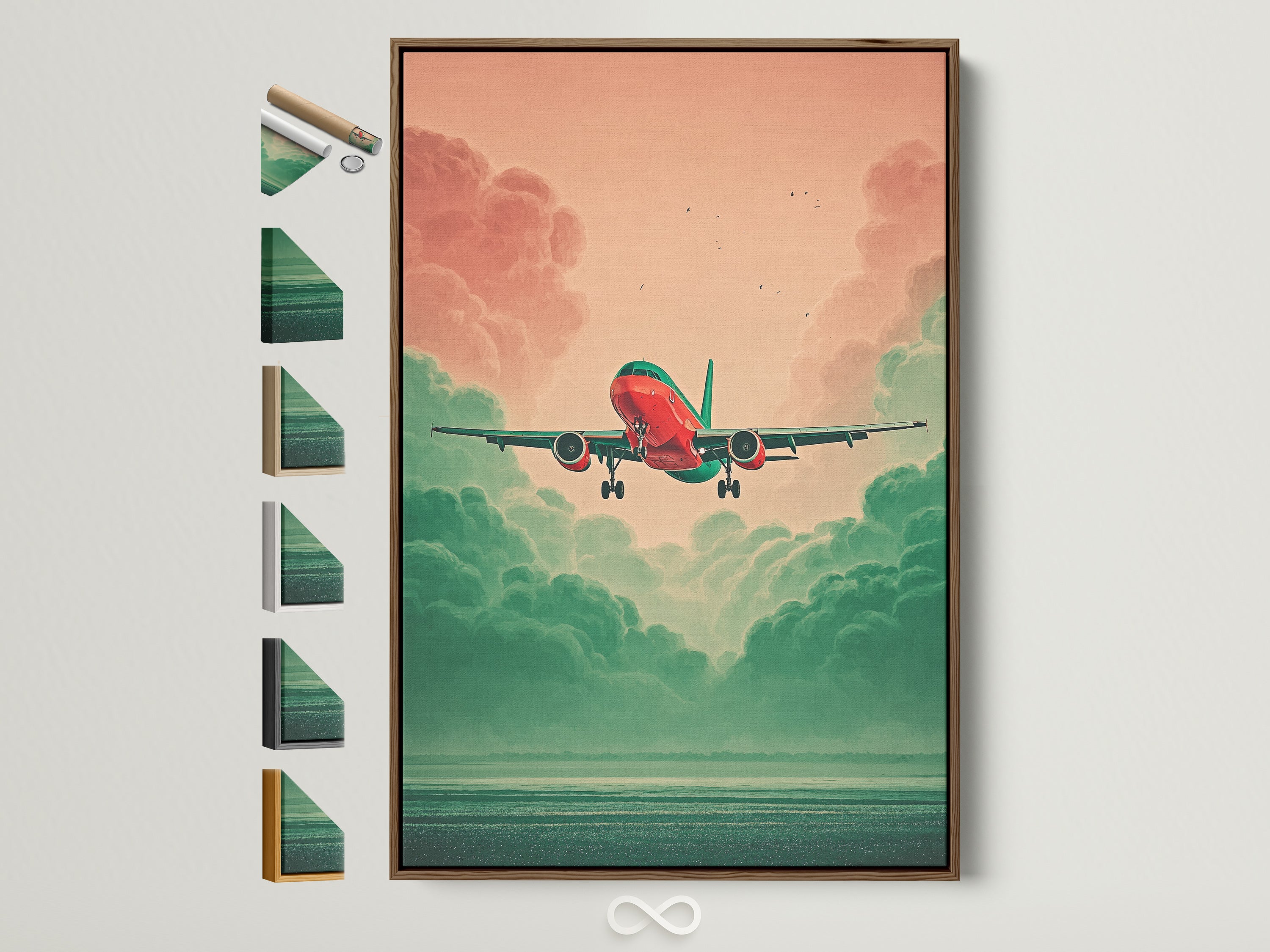Aviation Wall Art with a brown frame showcasing frame options. The artwork features an airplane in a teal and coral sky. It's ideal for aviation enthusiasts. This modern art print enhances any space. Perfect for adding a touch of travel to your office decor. Get this aviation print today
