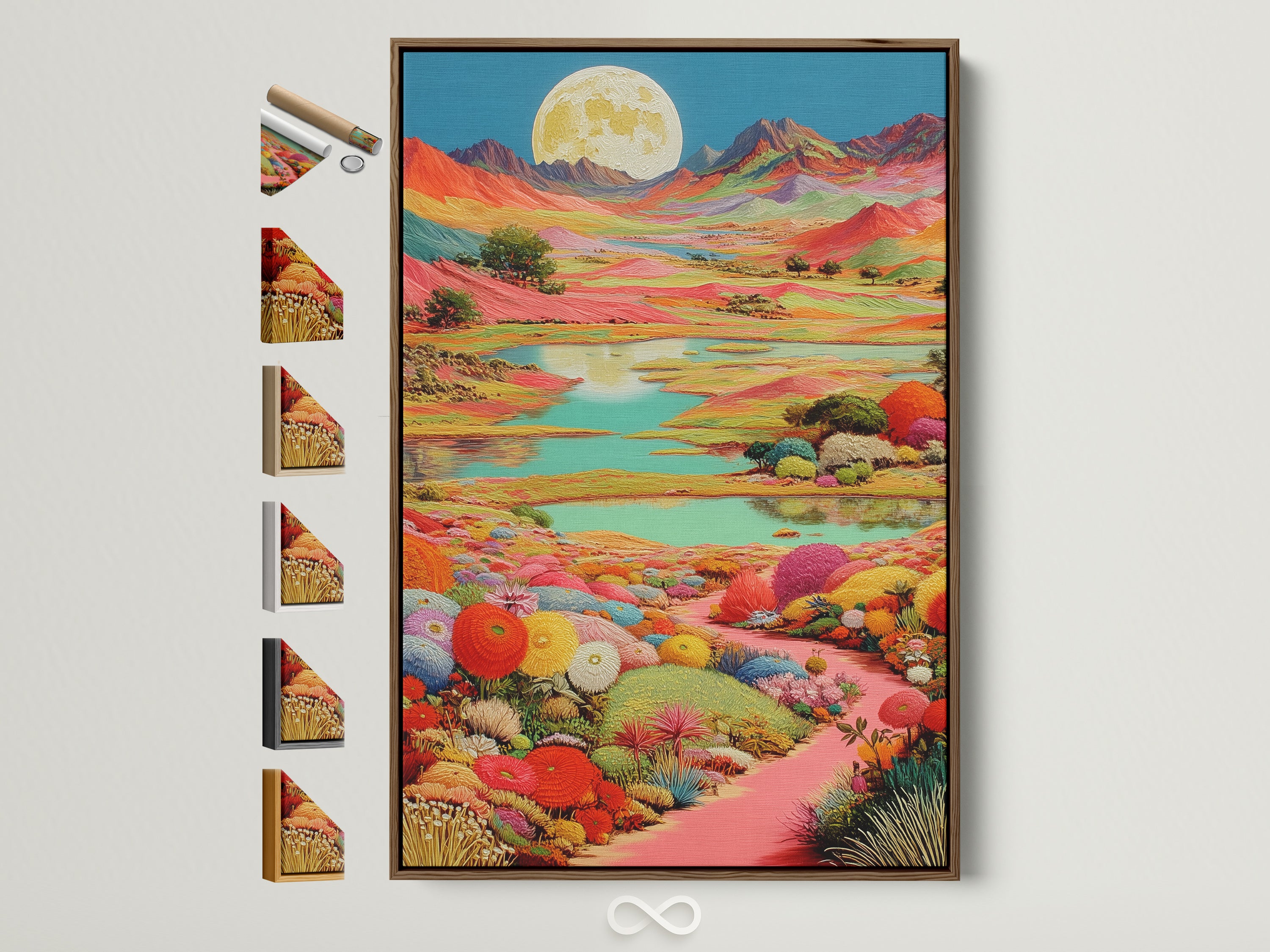 A colorful landscape artwork with a fantasy moon is framed in a light brown frame. The artwork features vibrant pinks yellows and blues. Frame options are displayed on the side. Perfect for adding a whimsical touch to any room. A great gift idea!