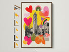 Artwork in a Brown Frame showcasing all available frame options. The art features a clock tower.  It also has colorful hearts and rainbows. This framed artwork will enhance any room.  Perfect for adding a personal touch to your home decor. Discover the beauty of framed art prints today.
