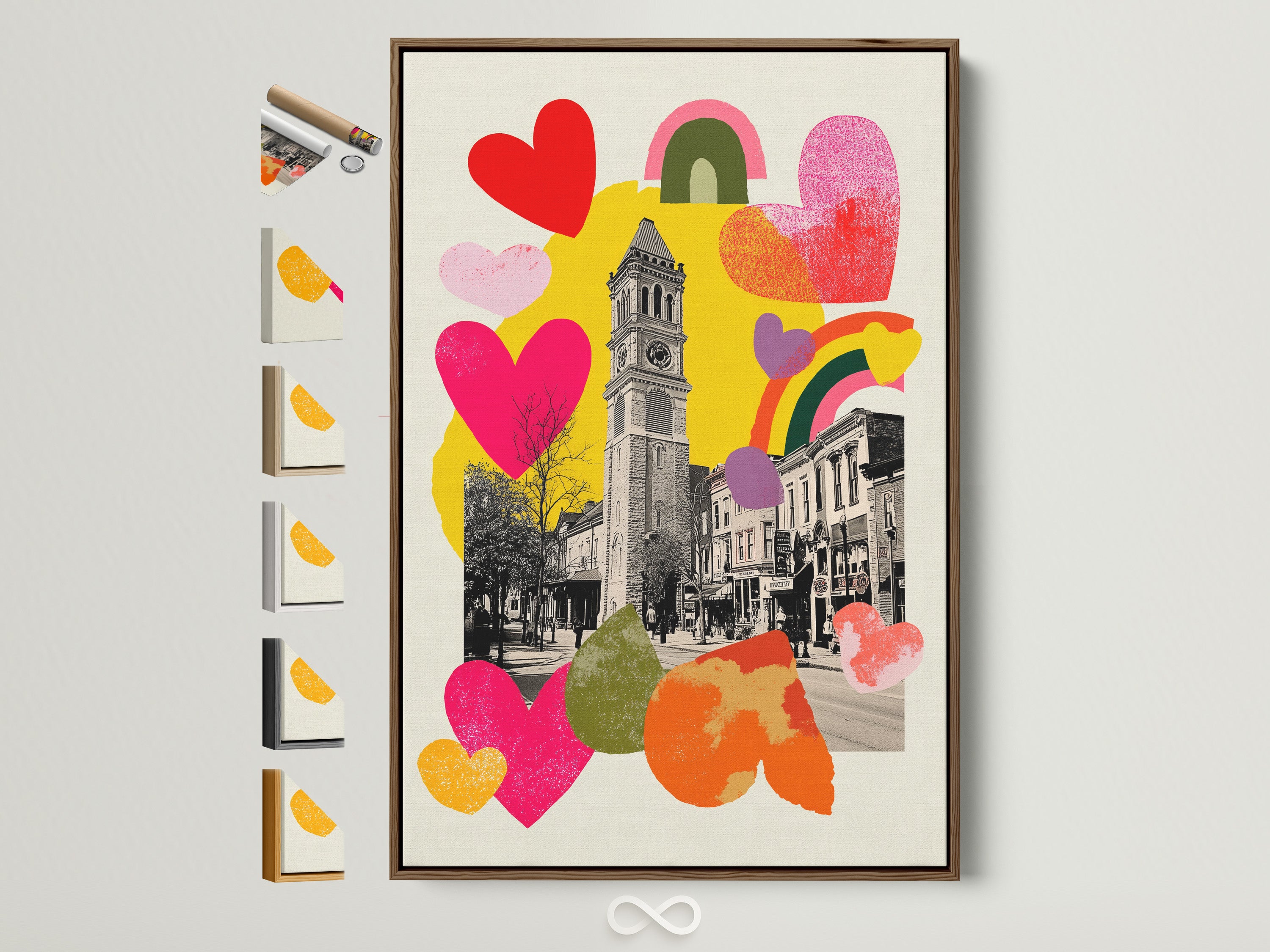Artwork in a Brown Frame showcasing all available frame options. The art features a clock tower.  It also has colorful hearts and rainbows. This framed artwork will enhance any room.  Perfect for adding a personal touch to your home decor. Discover the beauty of framed art prints today.