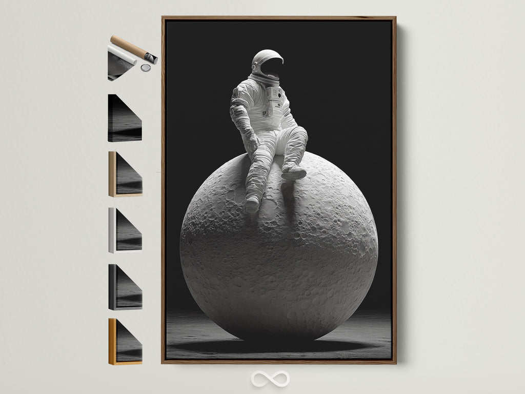 A captivating art print shows an astronaut sitting on the moon. The artwork is framed in a warm brown frame. Several frame styles are displayed on the side. This allows you to see all available framing options for your artwork.