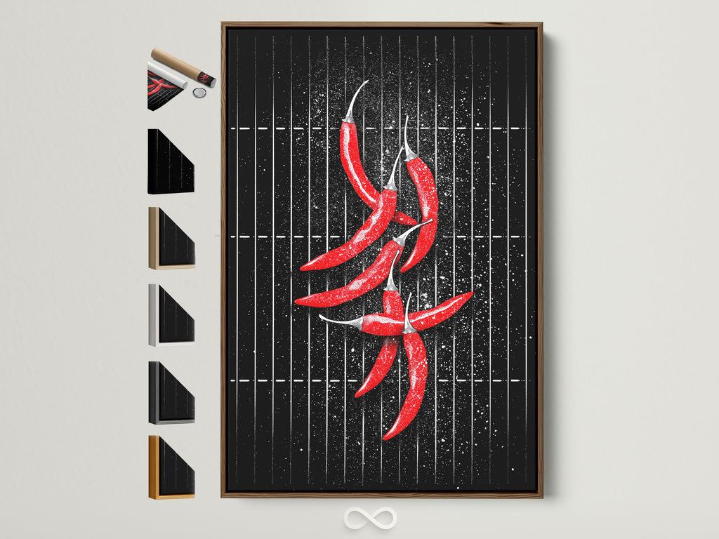 A chili pepper artwork print with a brown frame is displayed. The print is vibrant and modern. Frame options are visible on the side. This kitchen wall art adds a spicy touch. Perfect for foodies seeking unique cafe wall decor.