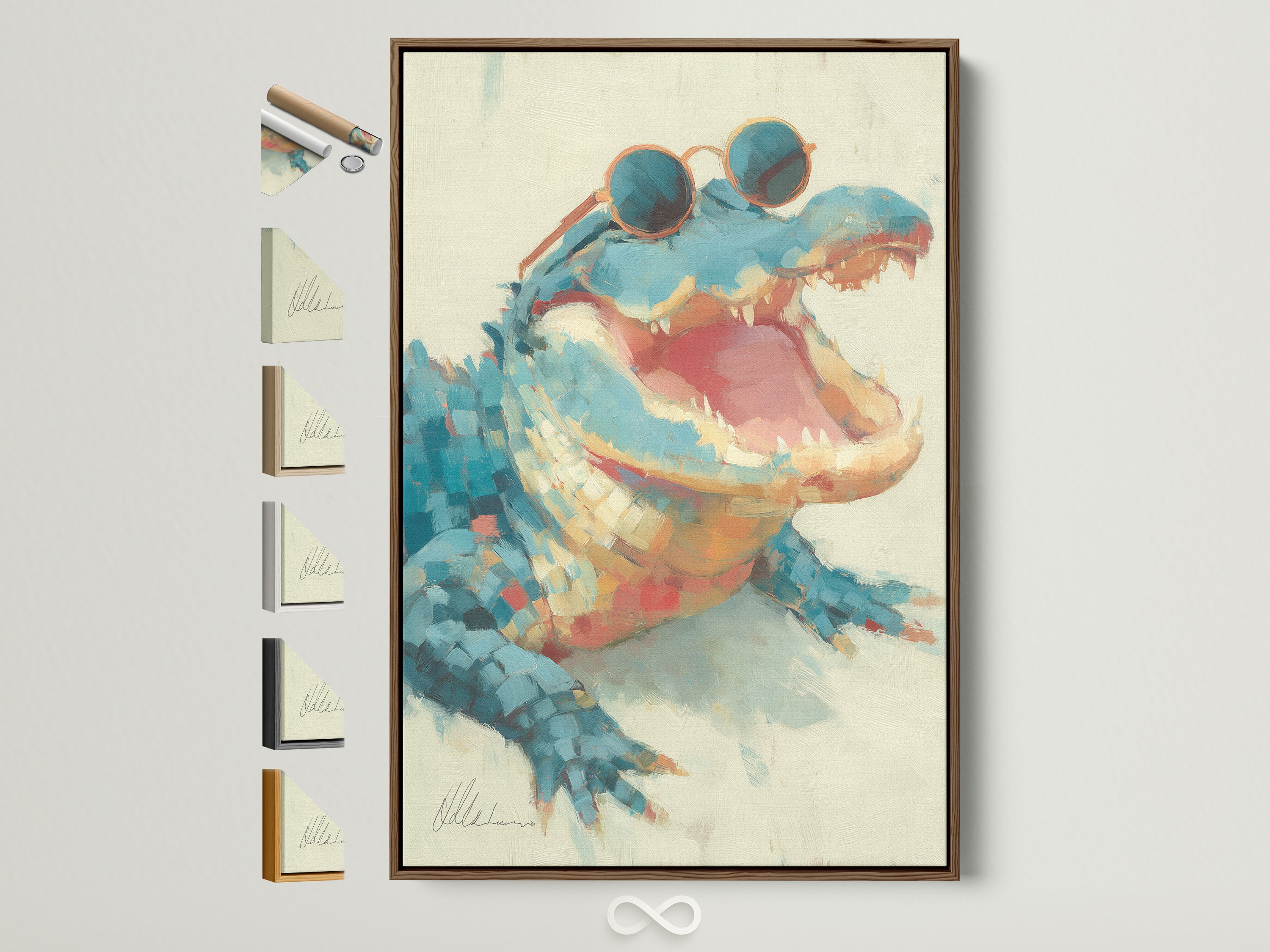 Explore framing options with this brown frame. See all available frame styles. Different frame choices are displayed on the side. Find the perfect frame to complement your artwork. Enhance your space with framed art.