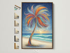 Tropical Palm Tree artwork in a brown frame. All frame options are displayed on the side. This vibrant piece brings a bohemian beach vibe to any room. Perfect for coastal wall decor and adding a pop of color.