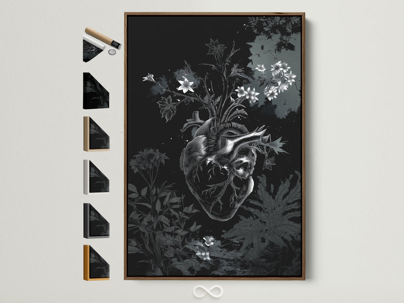 Black botanical anatomical heart art with flowers